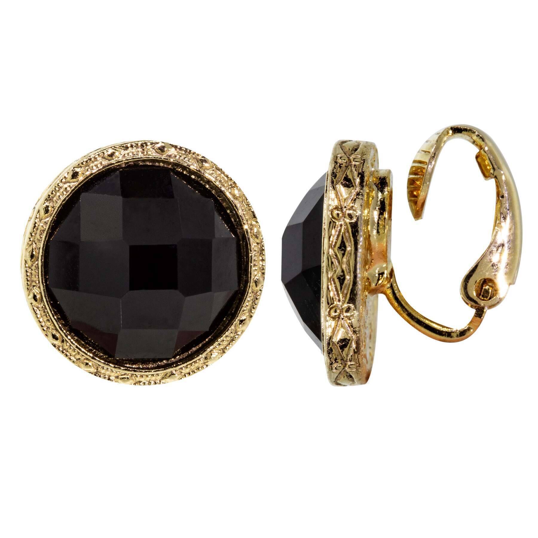 1928 Black Round Faceted Stone Clip-On Earrings for Women - Vintage Style Button Earrings for Parties, Weddings & Special Occasions