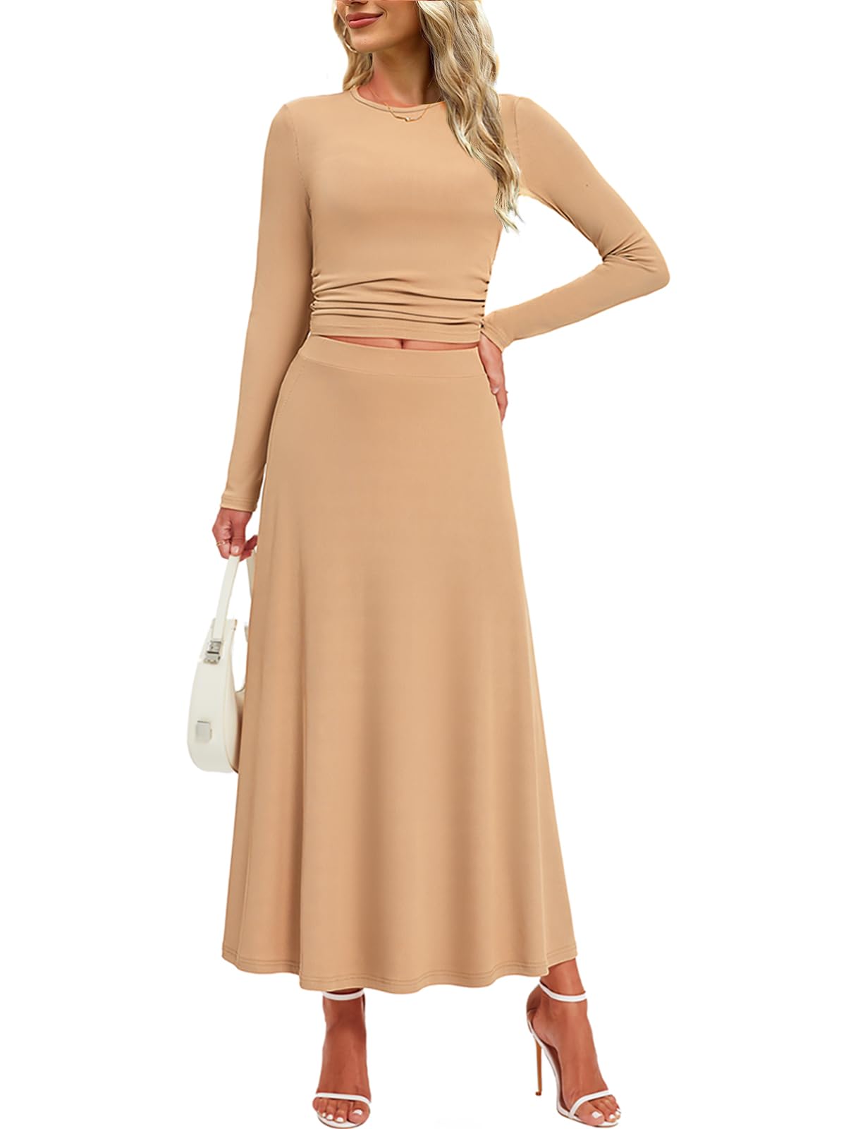 Women's 2 Piece Outfits Ribbed Knit Two Piece Skirt Set - Long Sleeve Ruched Crop Top & Flowy Maxi Skirt for Casual Wear, Date Night & Fall Fashion
