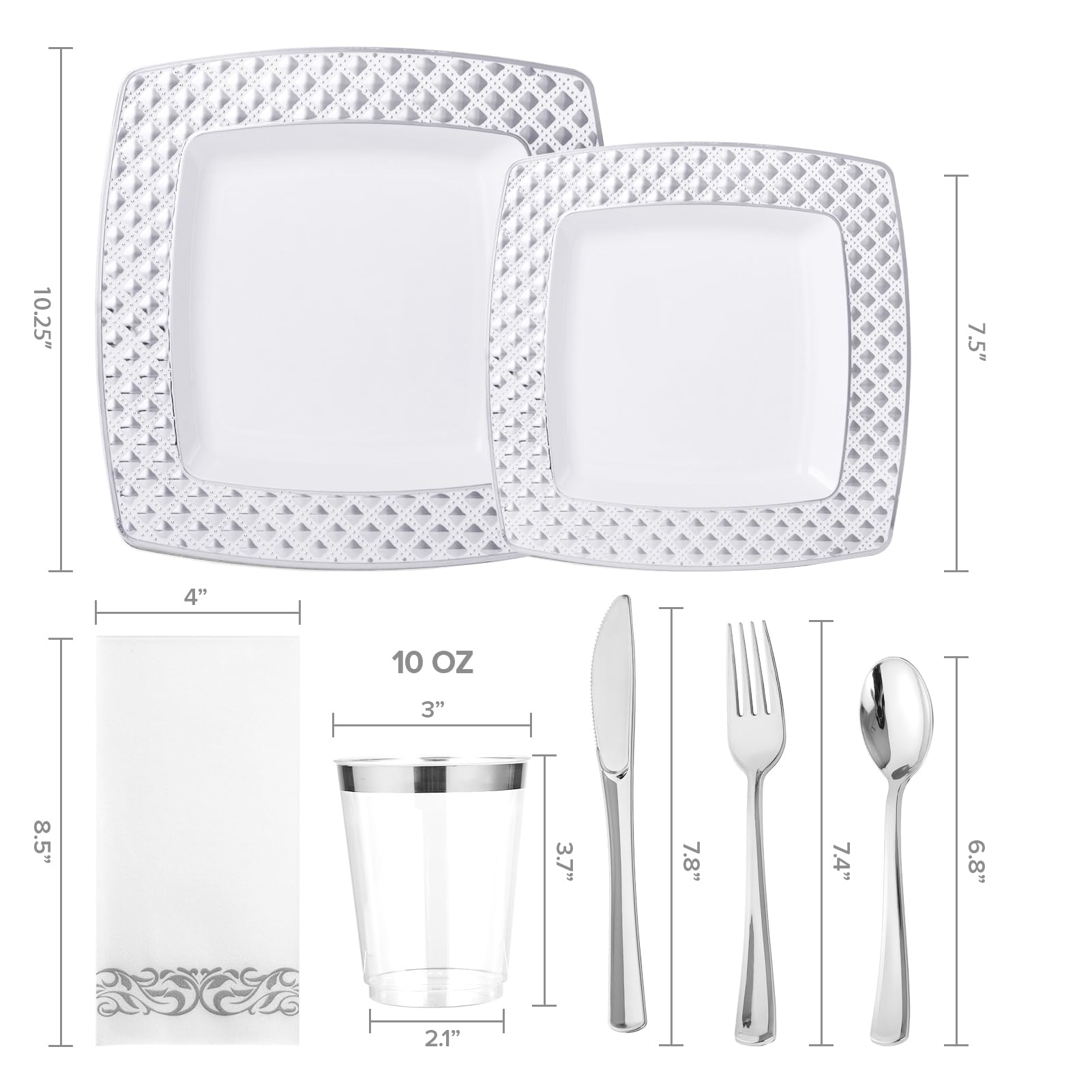 FOCUSLINE 175-Piece Silver Disposable Dinnerware Set for 25 Guests - Elegant Square Plastic Plates with Diamond Design - Includes 25 Dinner Plates, 25 Dessert Plates, 25 Napkins, 25 Cups & 25-Piece Silverware Set - Perfect for Weddings, Parties, Catering & Special Events