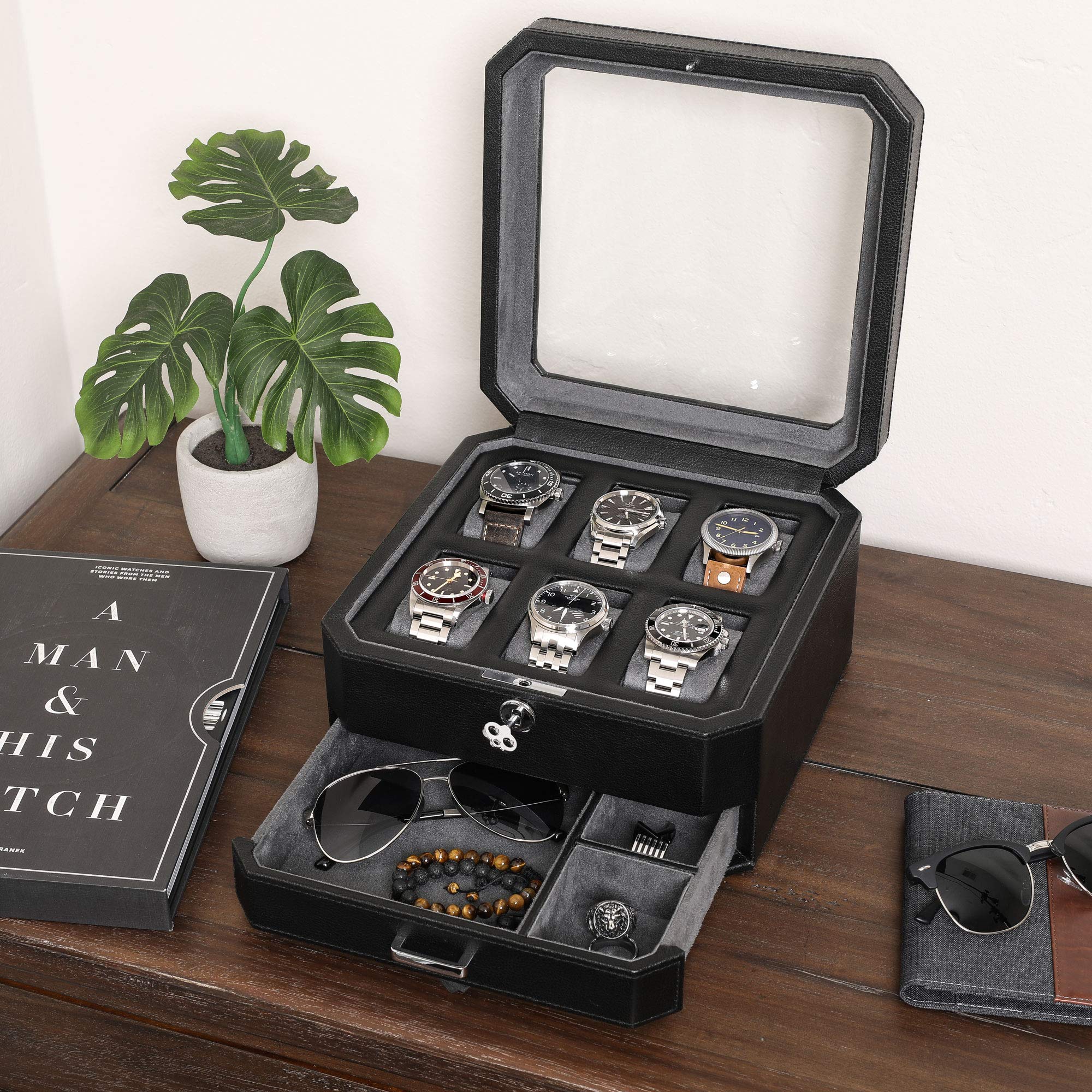 Premium ROTHWELL 6-Slot Leather Watch Box with Valet Drawer - Luxury Watch Case Organizer with Microsuede Lining & Locking Mechanism - Men's Jewelry Storage Box with Large Glass Top (Black/Grey) - Perfect for Watch Collectors, Travel & Home Display
