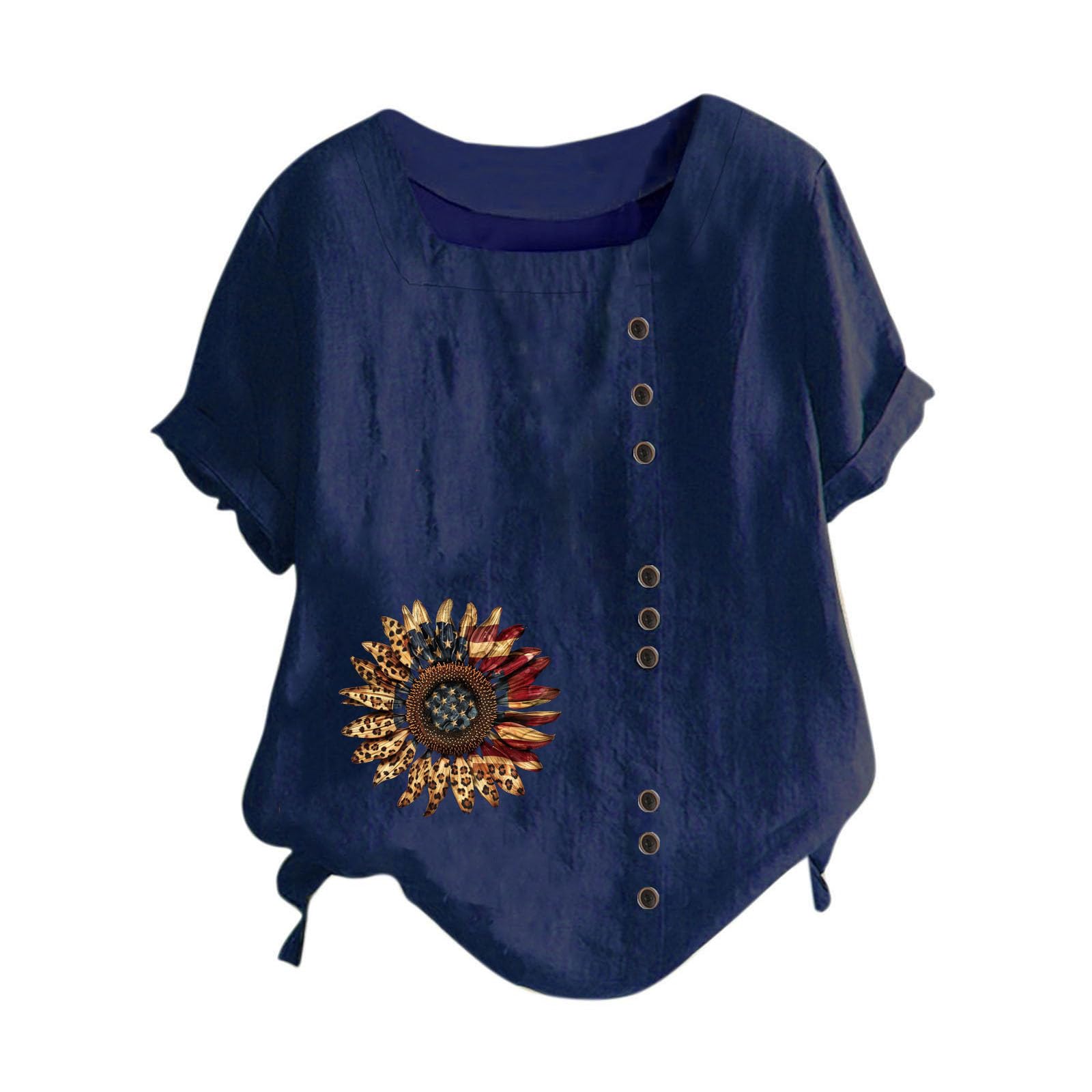 Women's Cotton Linen Top - American Flag Sunflower Shirt for Summer & 4th of July Outfits