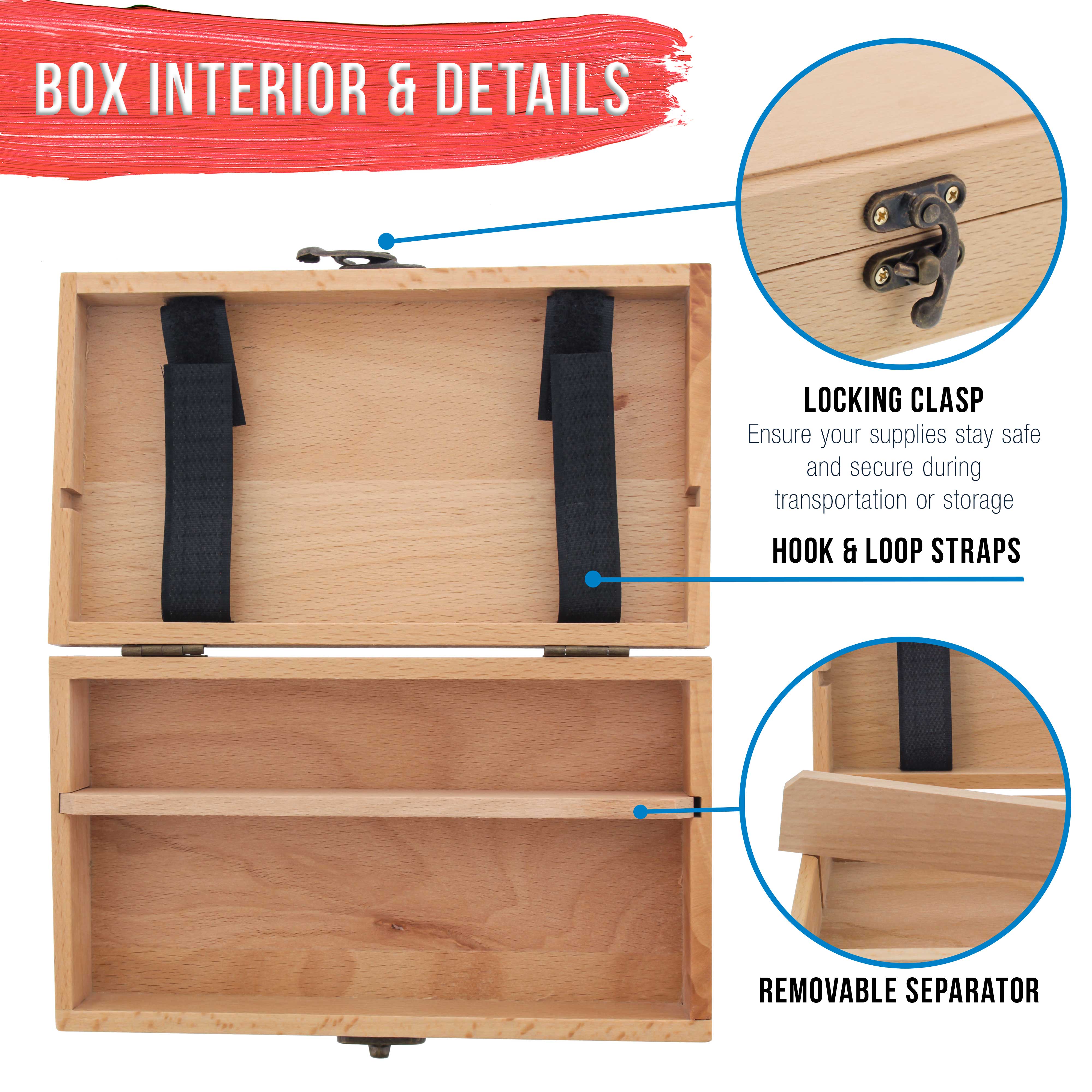 Multi-Function Unfinished Beechwood Artist Tool & Brush Storage Box with Locking Clasps - Organize & Protect Pencils, Erasers, Art Supplies - Perfect for Artists, Students & DIY Enthusiasts at Home or Studio
