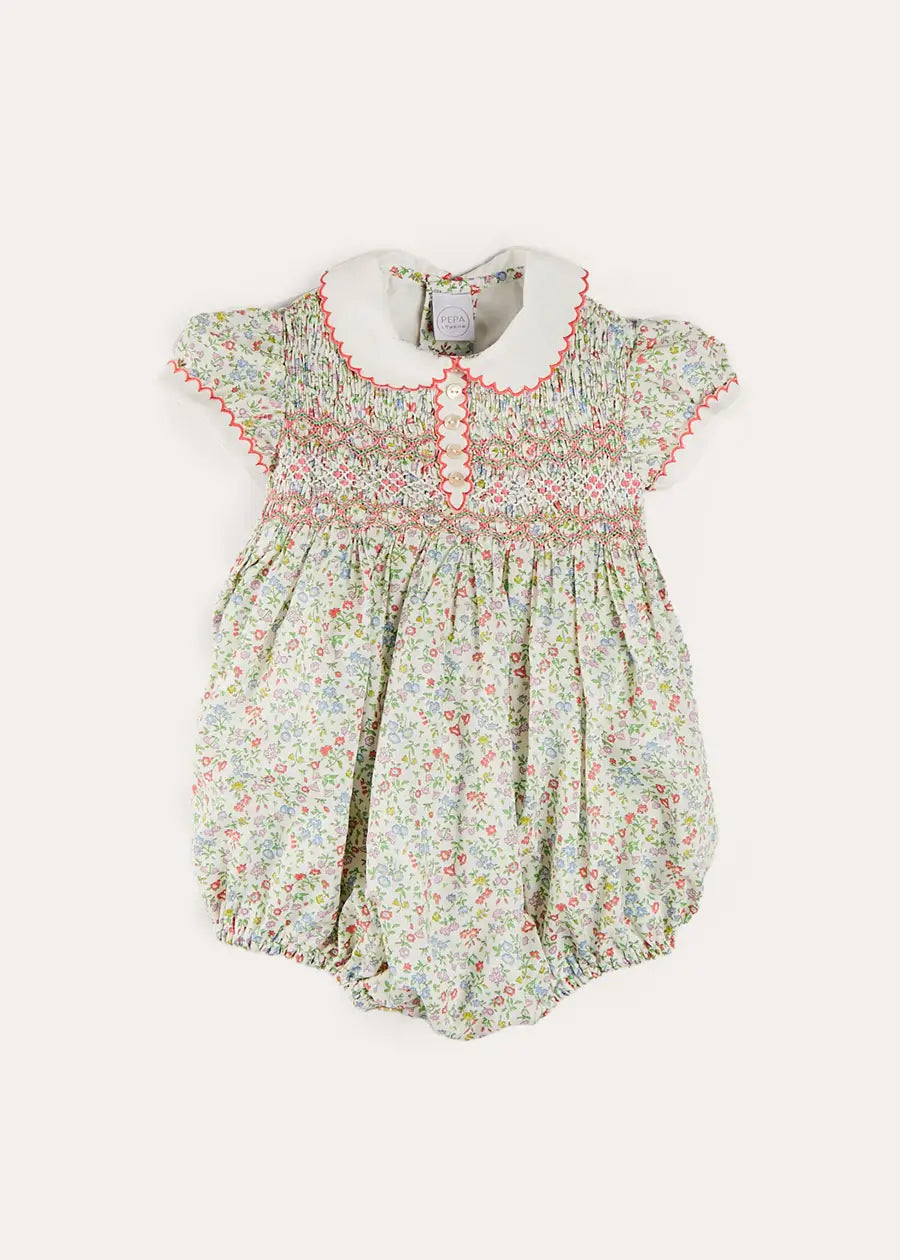 Liberty Fabric Floral Hand Smocked Short Sleeve Romper for Baby Girls (3 Months-2 Years) - Perfect for Spring Outfits, Photo Shoots & Special Occasions