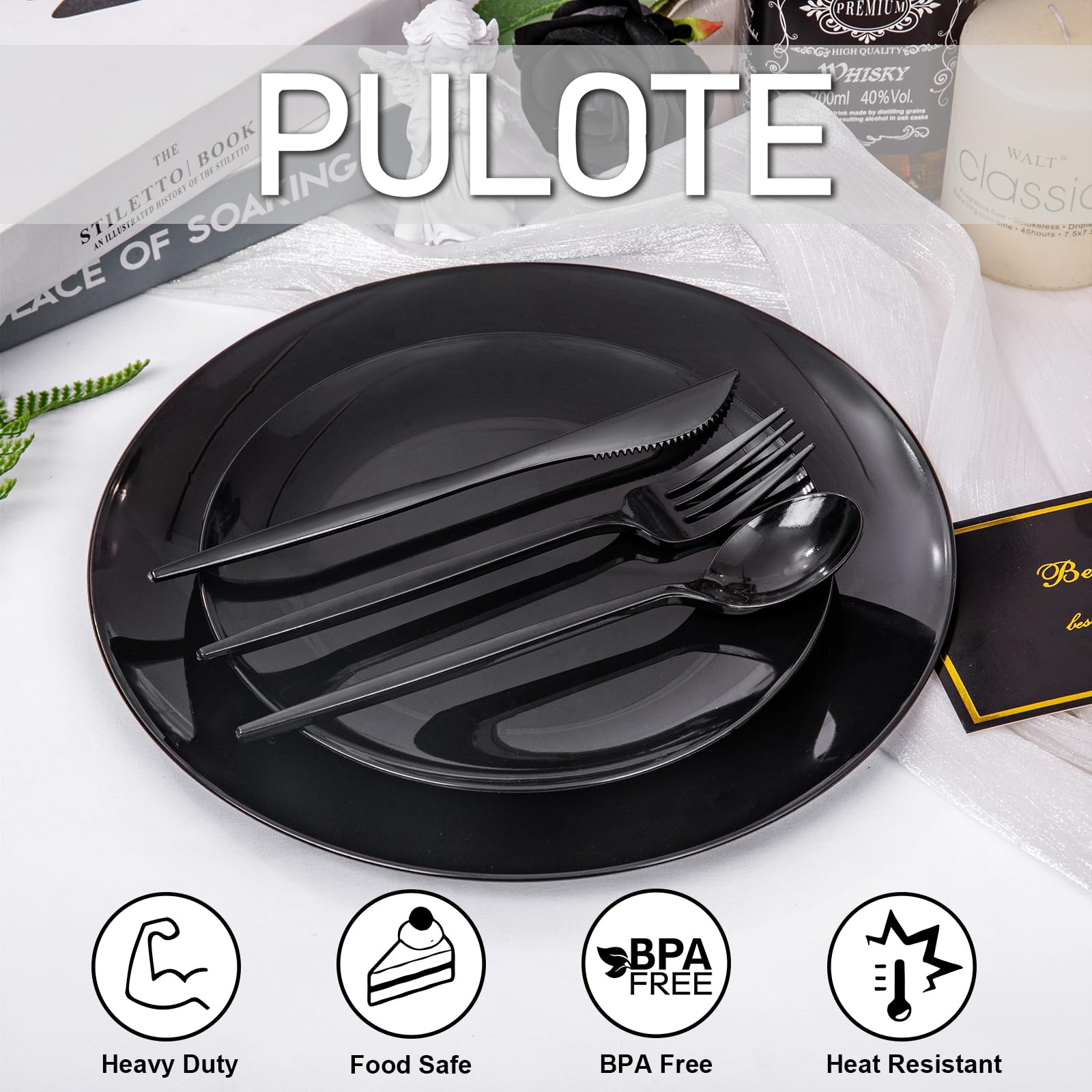 PULOTE 150-Piece Heavy Duty Black Plastic Silverware Set - Disposable Cutlery Kit with 50 Forks, 50 Spoons & 50 Knives - Durable Plastic Utensils for Parties, Weddings, Picnics, BBQ, Catering, Events & Holiday Gatherings - Perfect for Outdoor Dining, Family Reunions & Office Luncheons