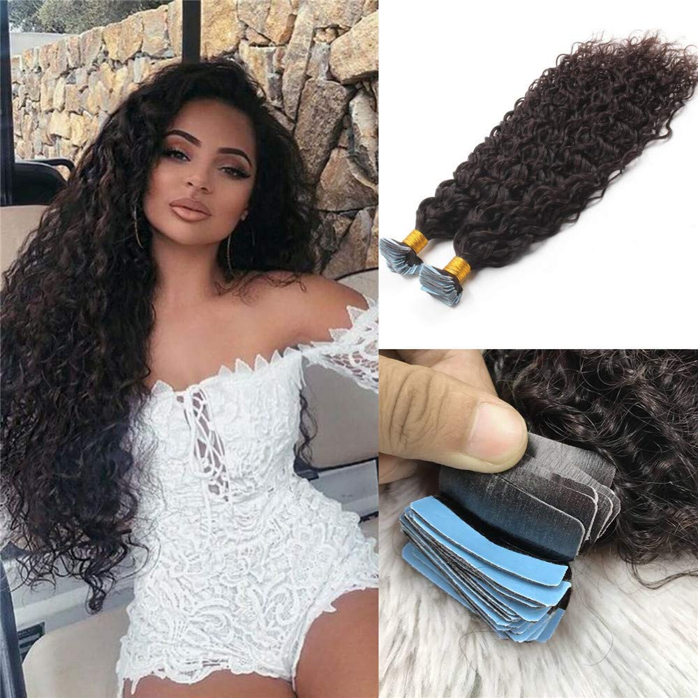 Brazilian Virgin Human Hair Extensions - Water Wave Tape in Hair 100g (40pcs, 22inch, Jet Black) | Curly Adhesive Tape-in Weft for Natural Look | Perfect for Daily Wear, Parties & Special Occasions