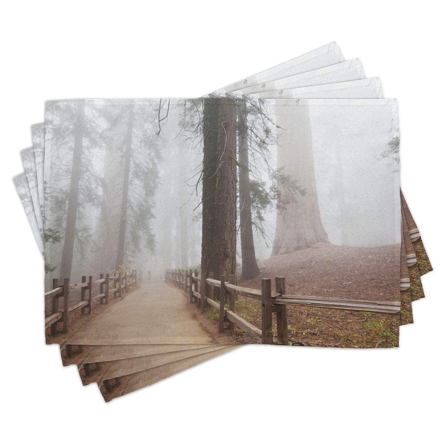 Ambesonne Yosemite Place Mats Set of 4 - Evergreen Forest Sequoia National Park Foggy Morning Nature Art - Washable Fabric Placemats for Dining Room Kitchen Table Decor in Grey Brown - Perfect for Holiday Dinners, Family Gatherings & Nature-Themed Home Decor