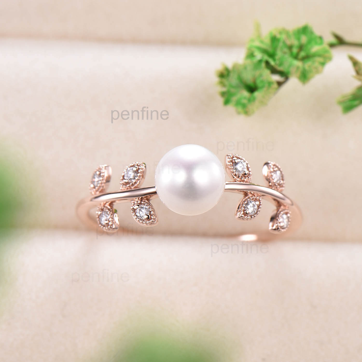Dainty Leaf Pearl Engagement Ring - 14K Gold Moissanite Wedding Band for Women - Perfect for Bridal, Anniversary & Everyday Elegance