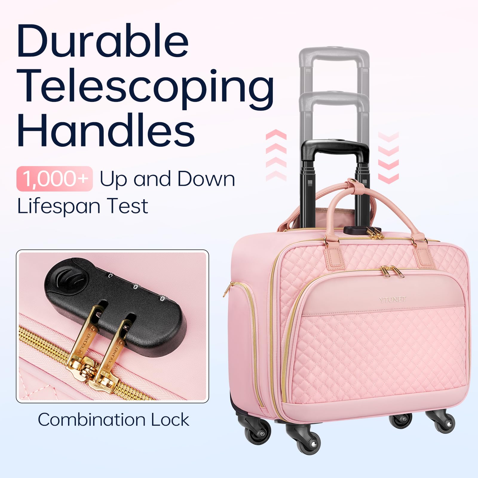 Ytonet 17.3 Inch Rolling Laptop Briefcase for Women - Water Resistant Wheeled Computer Bag with Lock for Travel, Business, Work & School - Perfect for Overnight Trips, Teacher Commute & Weekender Getaways (Pink)