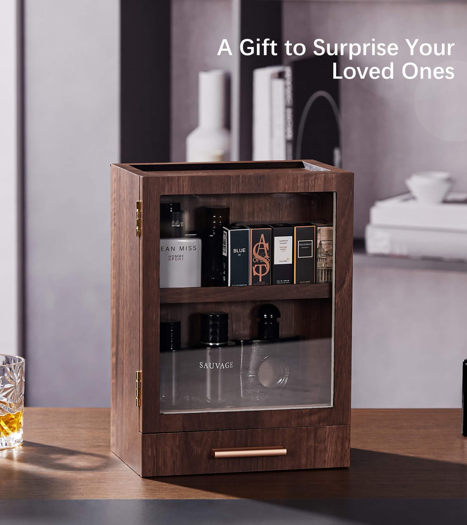 Premium Wooden Cologne Storage Organizer with 3 Drawers - Luxury Men's Fragrance Display Case for Home & Bathroom - Perfect for Vanity, Dresser, and Gift Giving