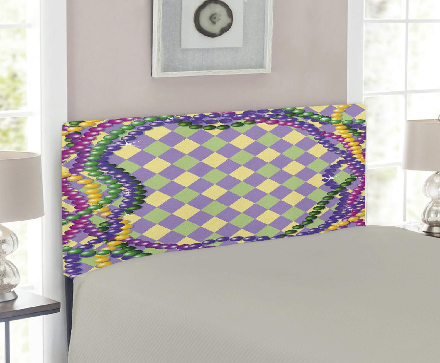 Ambesonne Mardi Gras Headboard - Vibrant Beaded Upholstered Metal Bed Headboard with Memory Foam, Twin Size, Multicolor Diamond Pattern | Perfect for Mardi Gras Decor, Carnival Themed Bedroom & Festive Home Decor