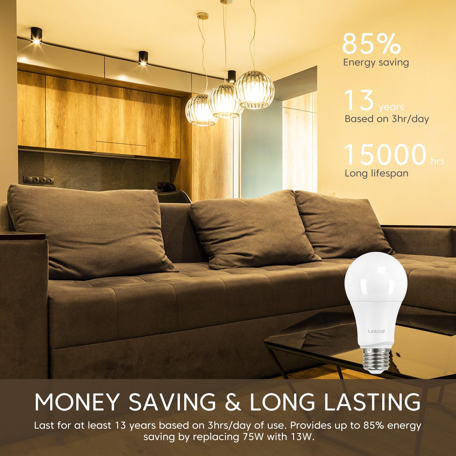 Linkind A19 LED Light Bulbs - 75W Equivalent Dimmable, E26 Base, 2700K Soft White (13W 1100 Lumens), UL & FCC Certified - Perfect for Bedroom, Living Room, Home Office Lighting (6-Pack)
