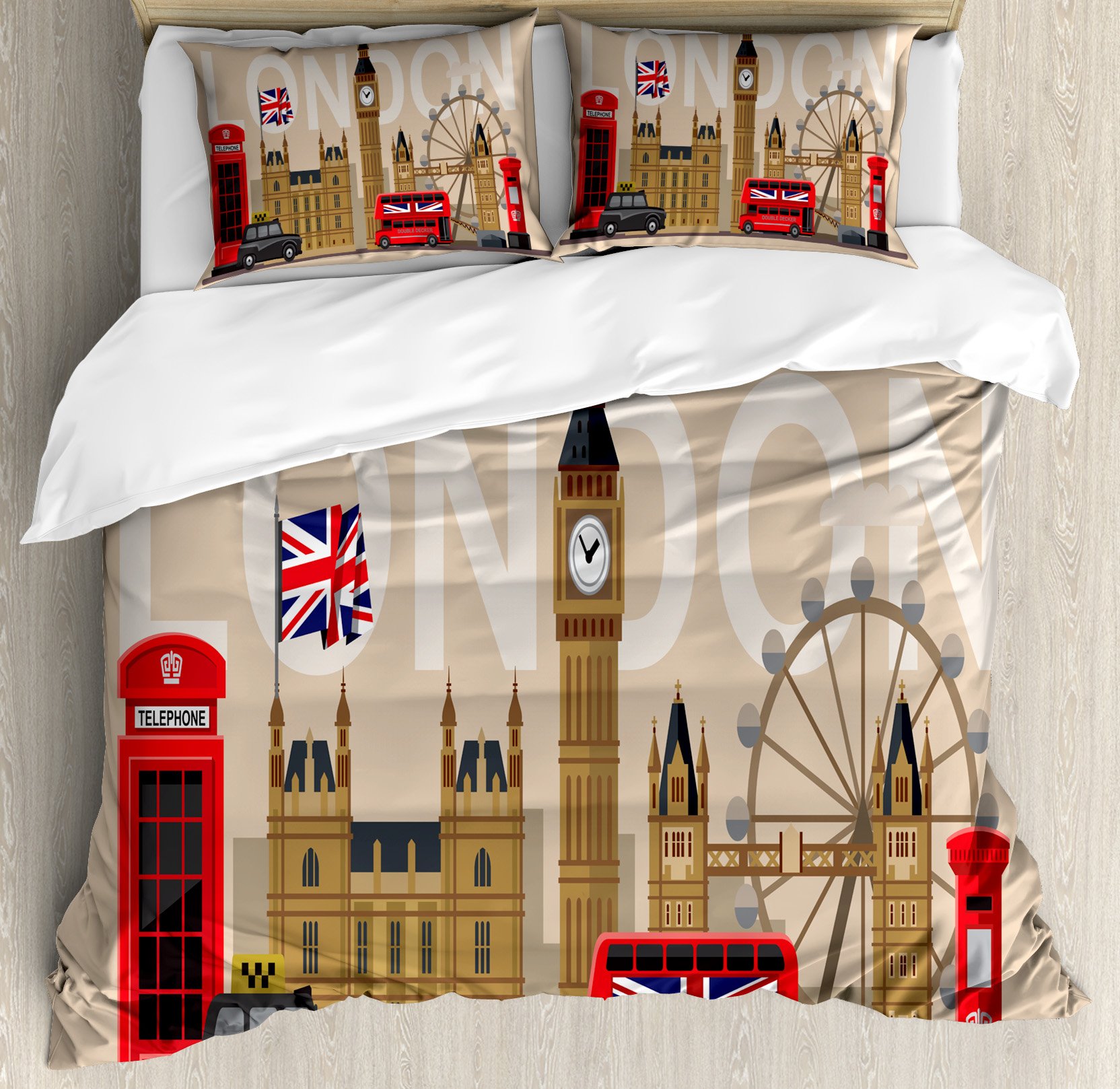 Ambesonne London Duvet Cover Set | Famous British Landmarks & Monuments Art Print | 3-Piece King Size Bedding Set with 2 Pillow Shams | Multicolor Travel-Themed Decor | Perfect for UK-Themed Bedrooms & Travel Enthusiasts