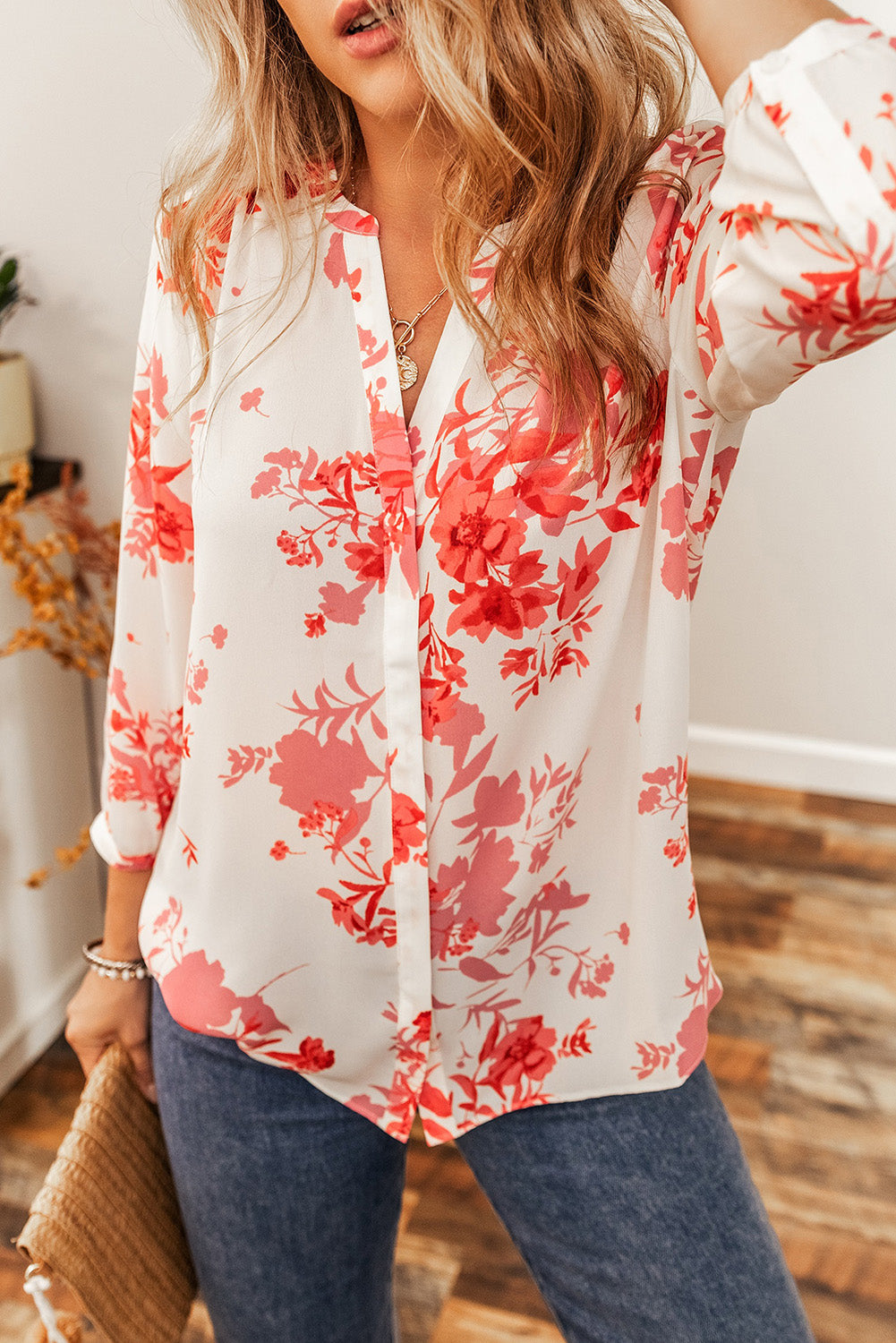 Floral Notched Long Sleeve Blouse for Women - Elegant Floral Print Tops for Office, Party & Date Night Outfits