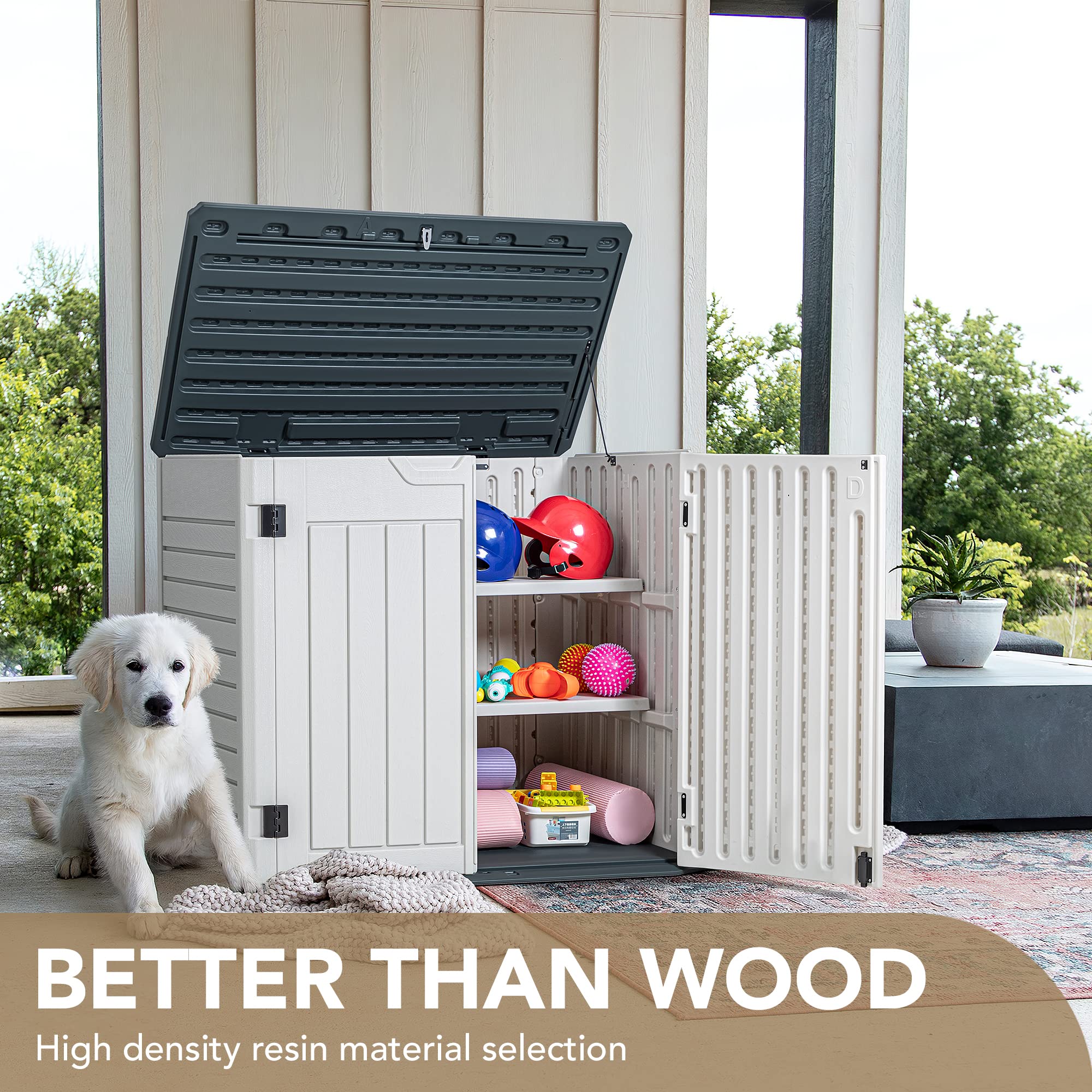 Devoko 34 Cu Ft Waterproof Resin Outdoor Storage Shed - Horizontal Patio Storage Cabinet for Garden Tools, Lawn Mower, Garbage Cans & Sofa Cushions | Durable Weatherproof Deck & Backyard Organizer