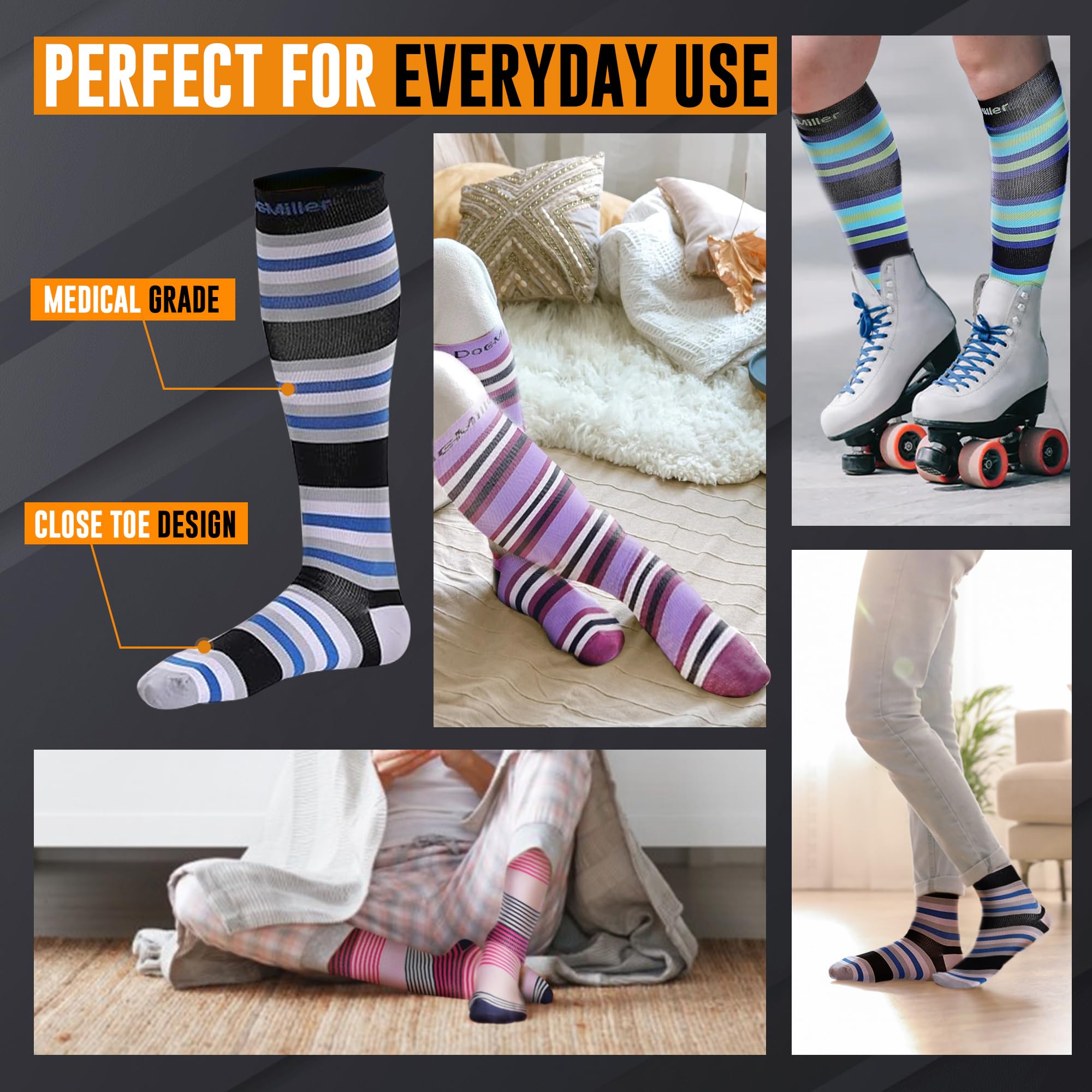 Doc Miller Medical Grade Compression Socks (15-20mmHg) for Men & Women - Knee High Support Socks for Sports, Travel, Nursing, Pregnancy & Varicose Veins Relief - Perfect for Running, Hospital Work & Long Flights (1 Pair)