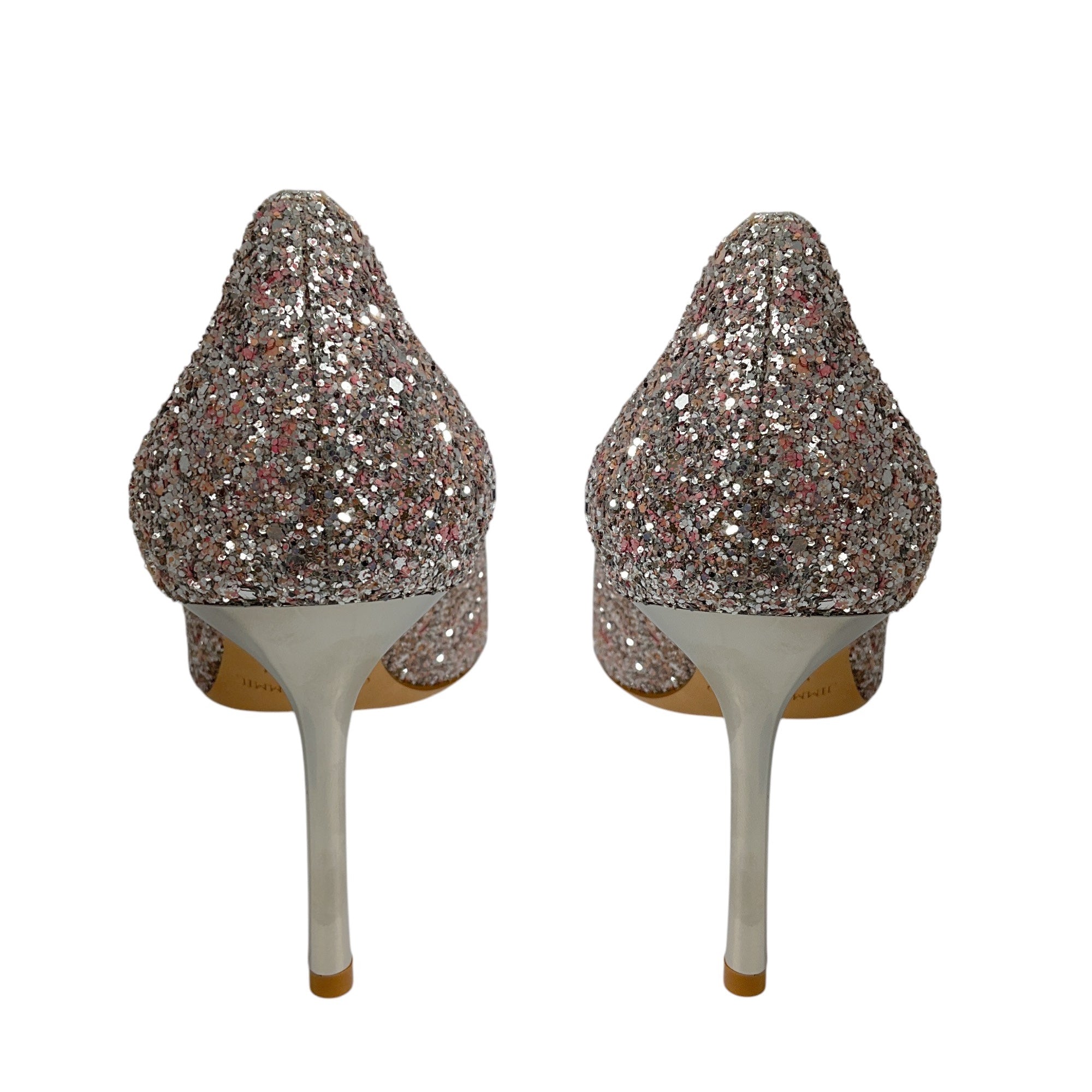 Jimmy Choo Romy 85 Pointy Toe Pumps - Light Pink & Silver Metallic Coarse Glitter Fabric | Elegant High Heels for Weddings, Parties & Special Occasions