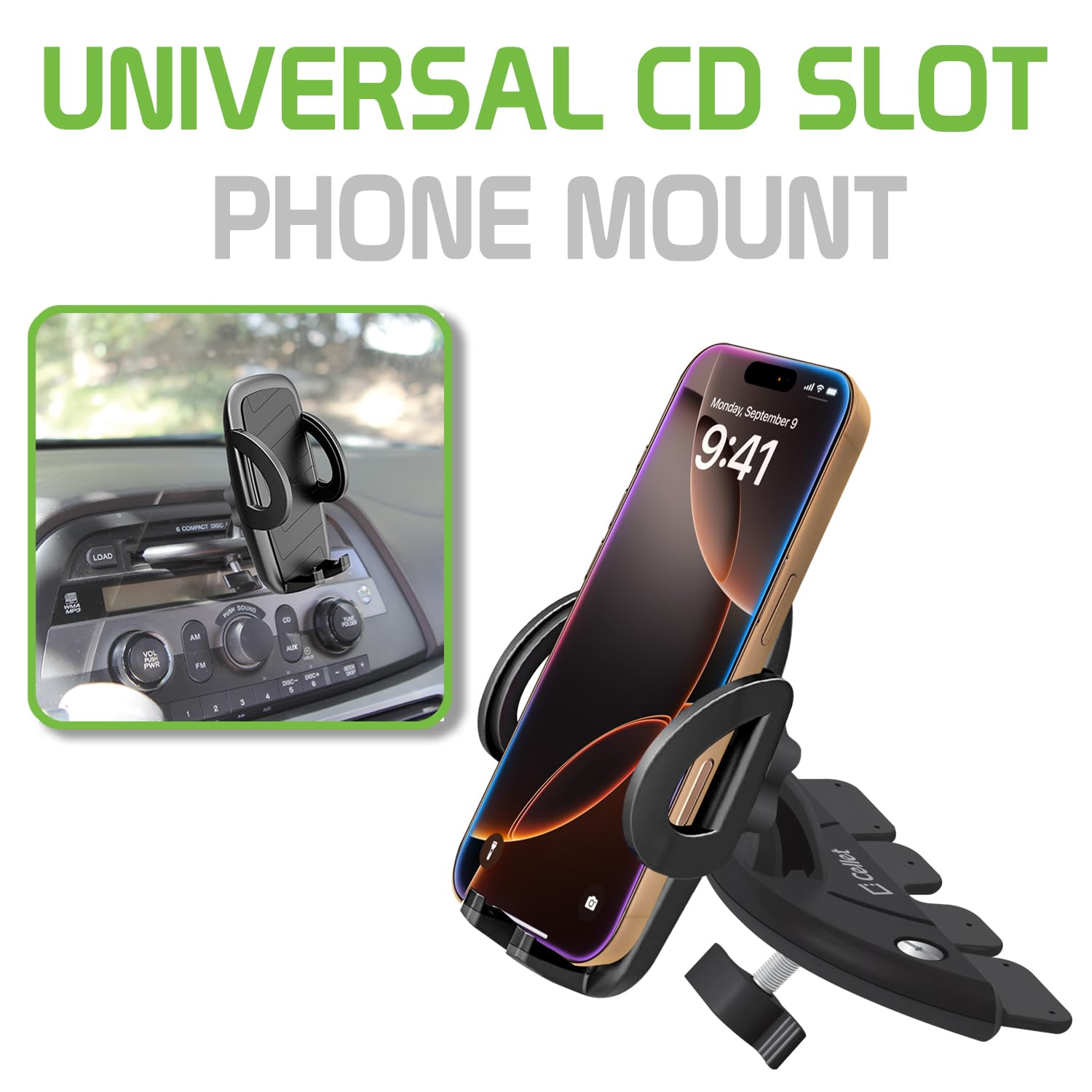 Cellet Universal CD Slot Phone Mount - 360° Rotating Car Phone Holder with Secure CD Slot Base & One-Touch Release for iPhone, Samsung, Google Pixel - Perfect for GPS Navigation, Hands-Free Calling & Road Trips