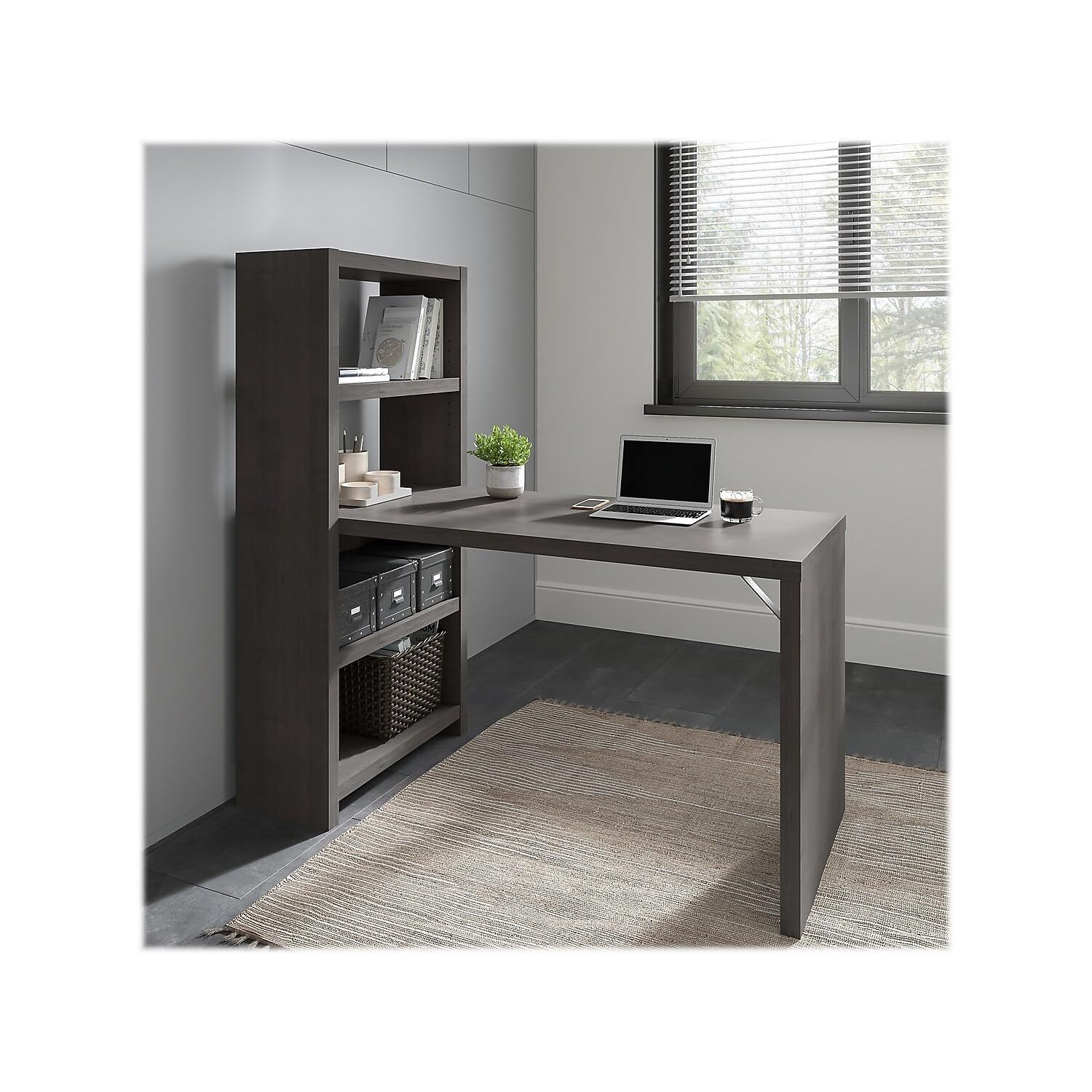 Bush Business Furniture Echo 56W Bookcase Desk in Charcoal Maple - Stylish Home Office Storage Solution for Books, Files & Office Supplies - Perfect for Small Spaces & Modern Workspaces