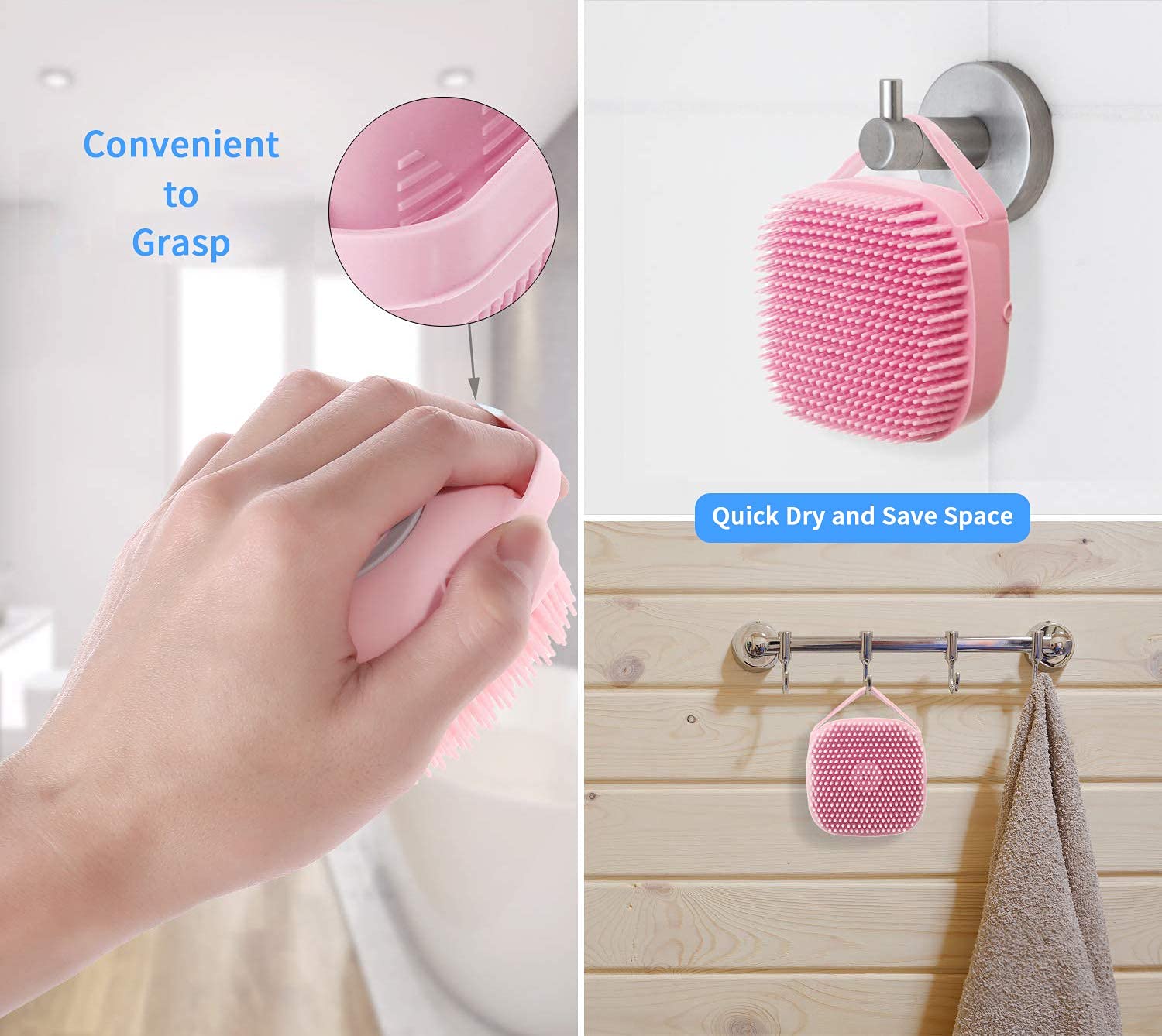 Silicone Body Brush for Shower with Soap Dispenser - Exfoliating Massage Bath Brush for Dry Skin - Spa Quality Scrubber with Long Handle for Men & Women - Perfect for Exfoliation & Relaxation in Bath or Shower (Pink)