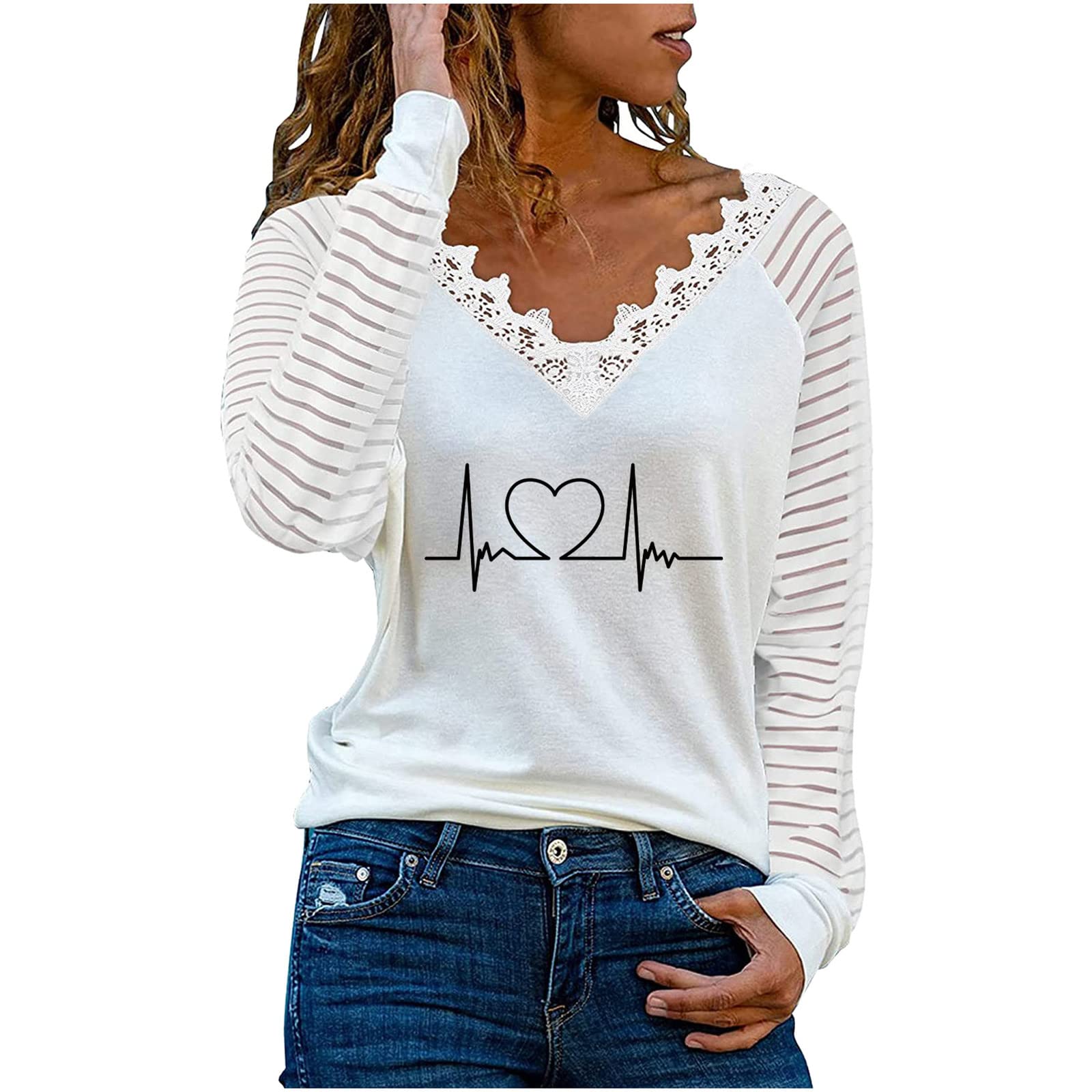 Women's V-Neck Lace Tunic Tops - Long Sleeve Graphic Tee with Heart Print, Loose Comfortable Blouse for Casual Wear, Date Night & Office Outfits