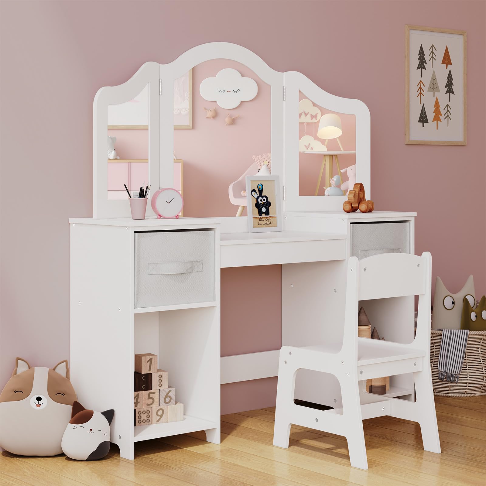 Arlopu Kids Vanity Set - Wooden Princess Dressing Table with Tri-Folding Mirror, Stool & Canvas Drawer for Little Girls (White) | Perfect for Pretend Play, Birthday Gifts & Bedroom Decor