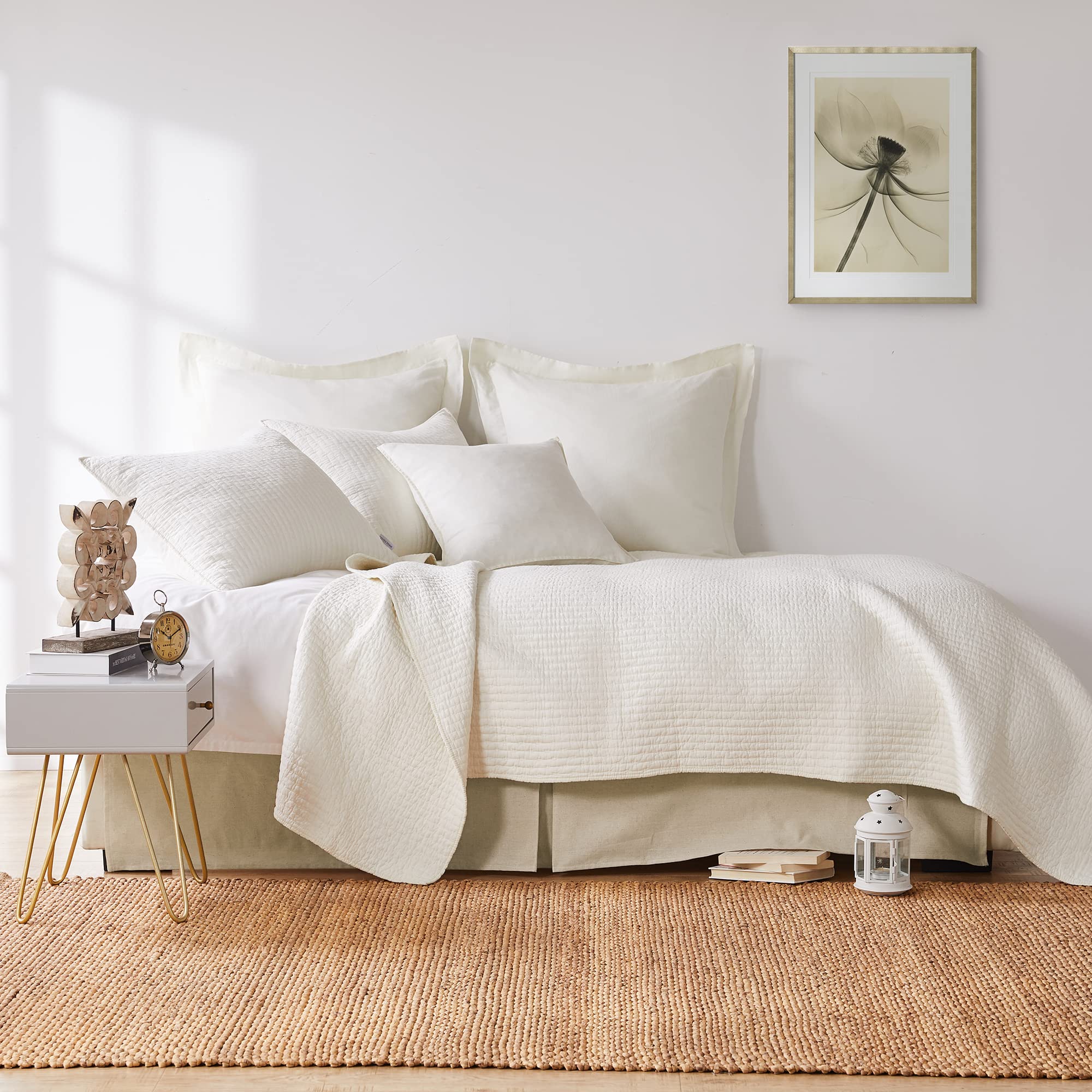 Levtex Home 100% Cotton King Size Cross Stitch Quilt Set - Cream (106x92in Quilt + 2x36x20in Shams) - Luxury Bedding for Master Bedroom & Guest Room