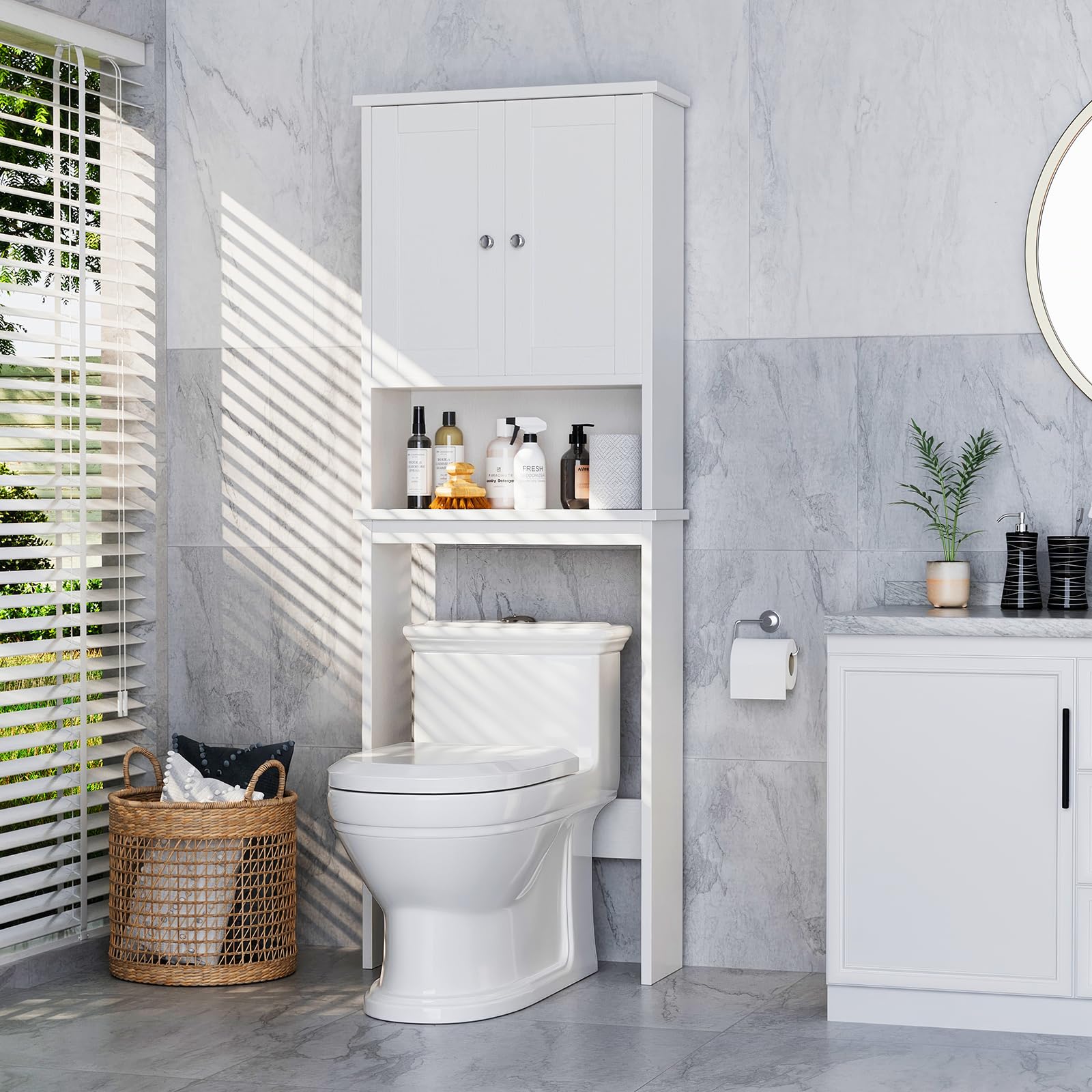 Meilocar Over The Toilet Storage Cabinet - White Bathroom Organizer with Adjustable Shelves & Open Storage | Space-Saving Bathroom Cabinet for Toiletries, Towels & Essentials - Perfect for Small Bathrooms & Apartment Living