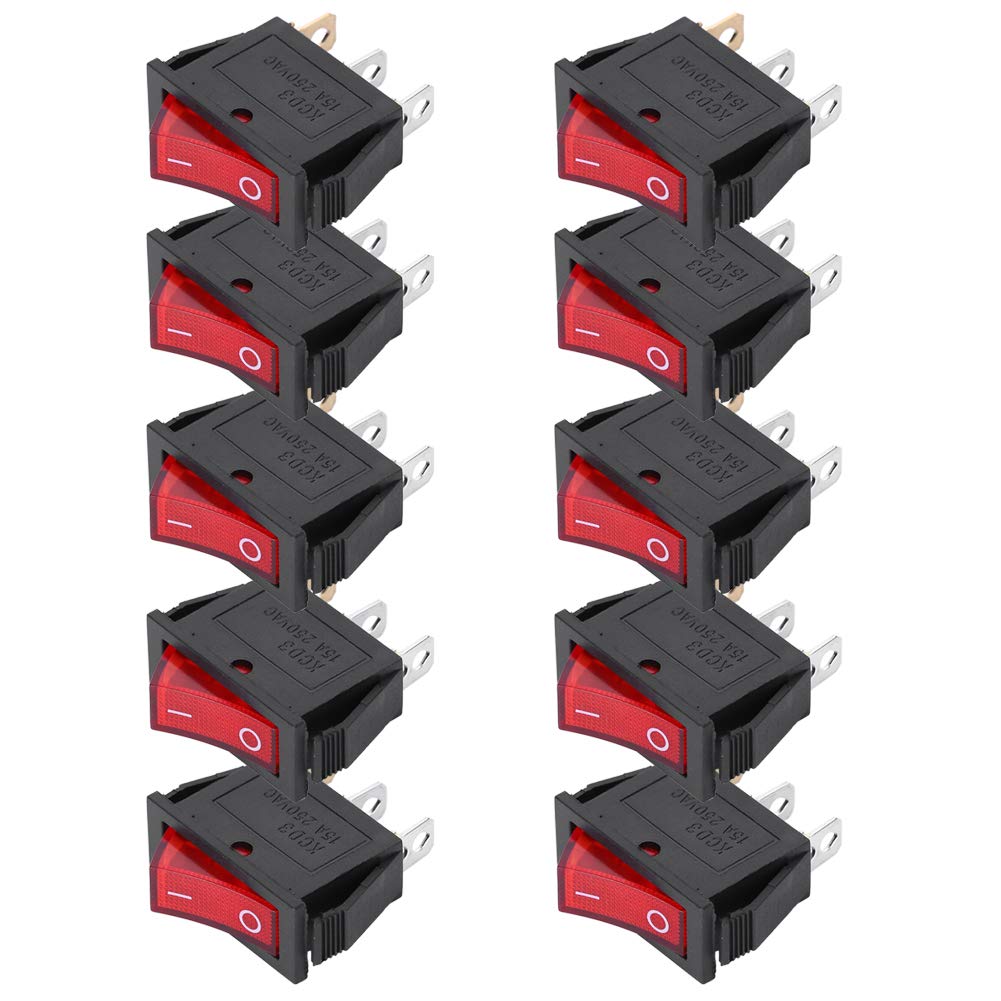 FTVOGUE 10-Pack 3-Pin Rocker Switch ON/OFF with Red LED - 2-Position Toggle Switch for Car, Boat, RV & Household Appliances | KCD3 Series Electronic Components | Perfect for Automotive Dashboards, Marine Control Panels & DIY Electronics Projects