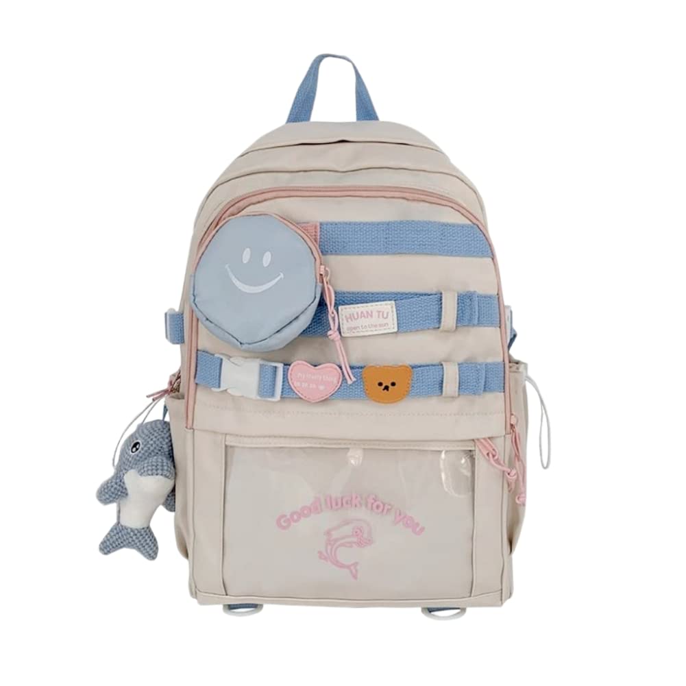 Cute Kawaii Aesthetic Backpack for Teen Girls - Stylish Japanese School Bag with Smile Purse & Accessories - Perfect for Middle & High School, College, Travel & Daily Use