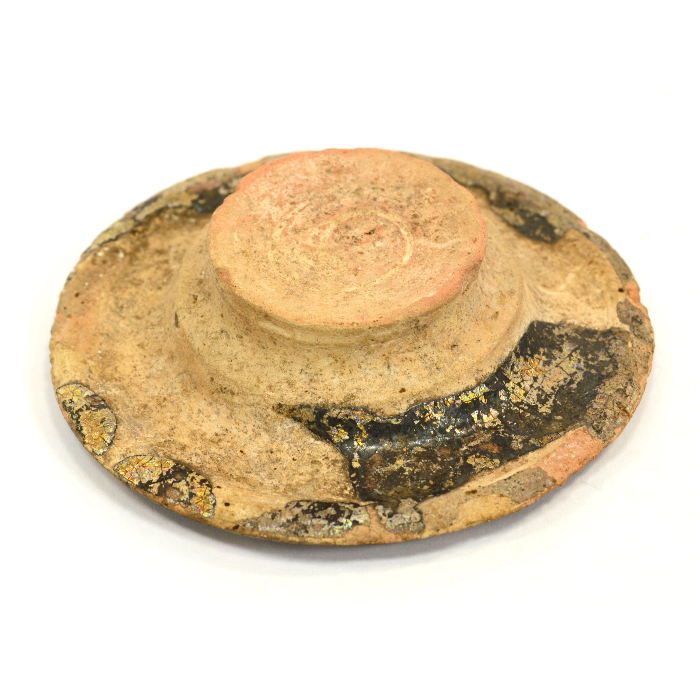 Ancient Terracotta Pottery Vessel Lid with Heavy Iridescence - Authentic Pre-Columbian Artifact for Home Decor & Museum Display