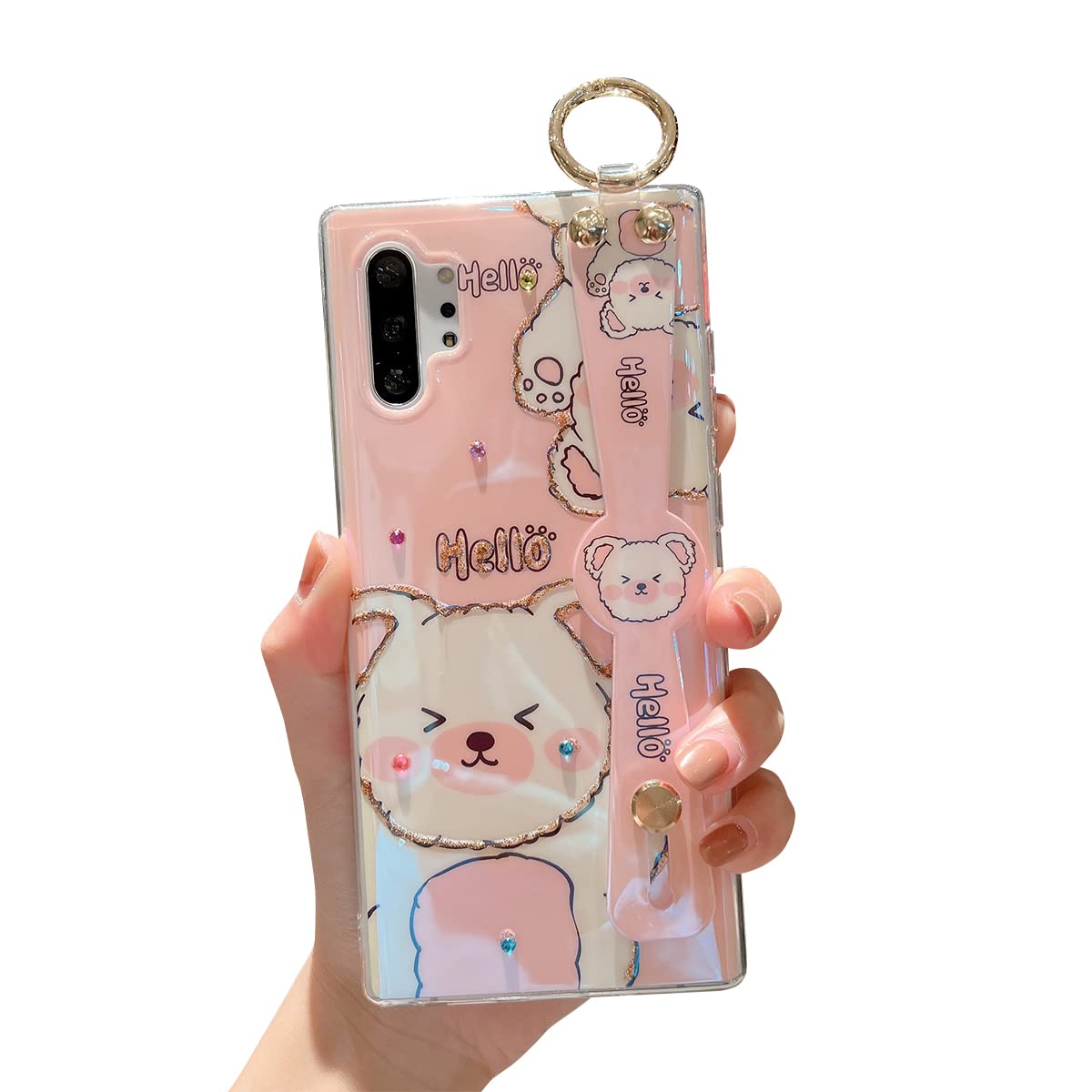 Cute Pink Bear Glitter Bling Cartoon Samsung Galaxy Note 10 Plus Case with Wrist Strap & Kickstand | Shockproof TPU Protective Phone Cover for Women & Girls | Perfect for Daily Use, Work & Travel