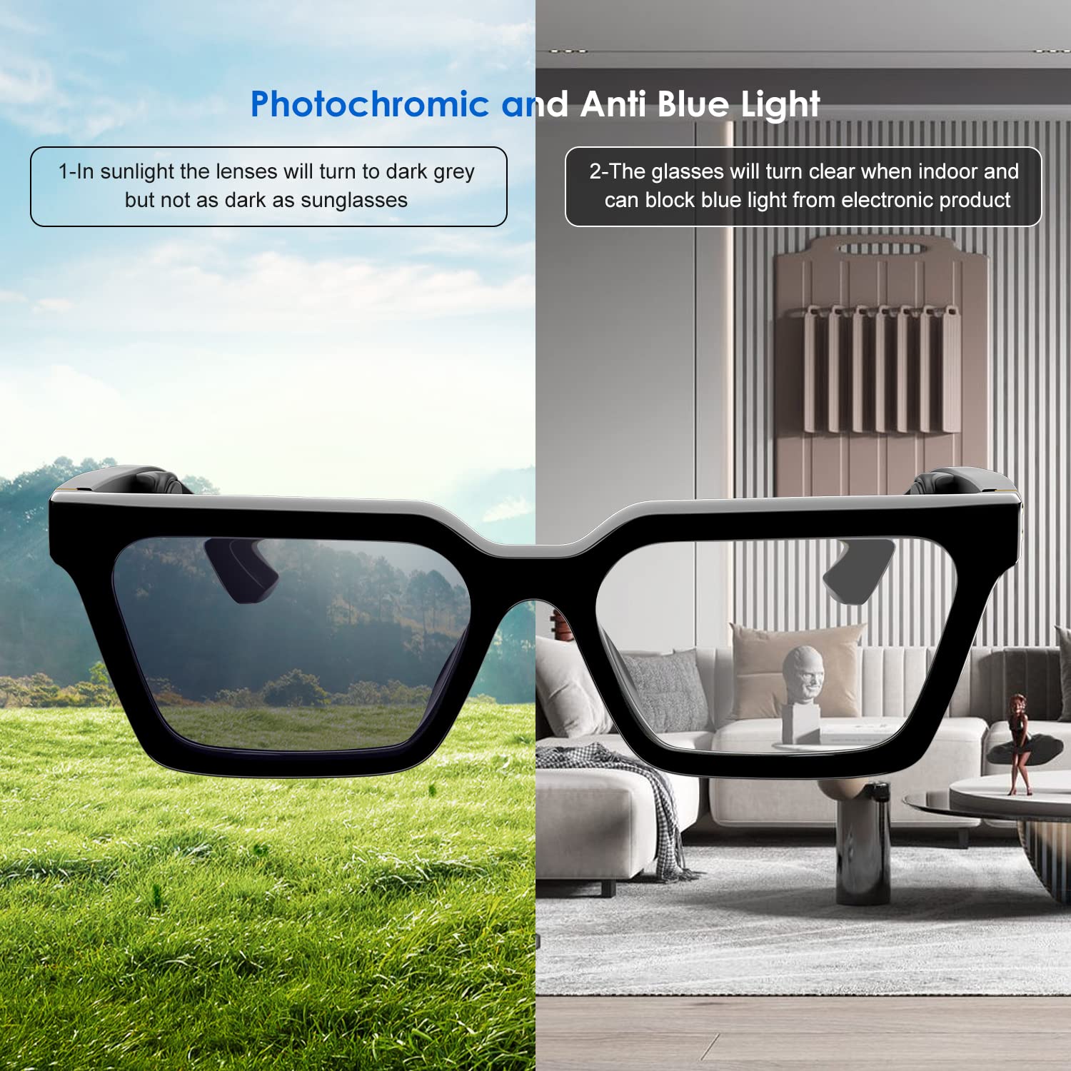 Bone Conduction Bluetooth Smart Glasses with Photochromic Lenses - Anti Blue Light, Voice Assistant, Immersive Sound for Men & Women - Perfect for Running, Cycling & Outdoor Activities
