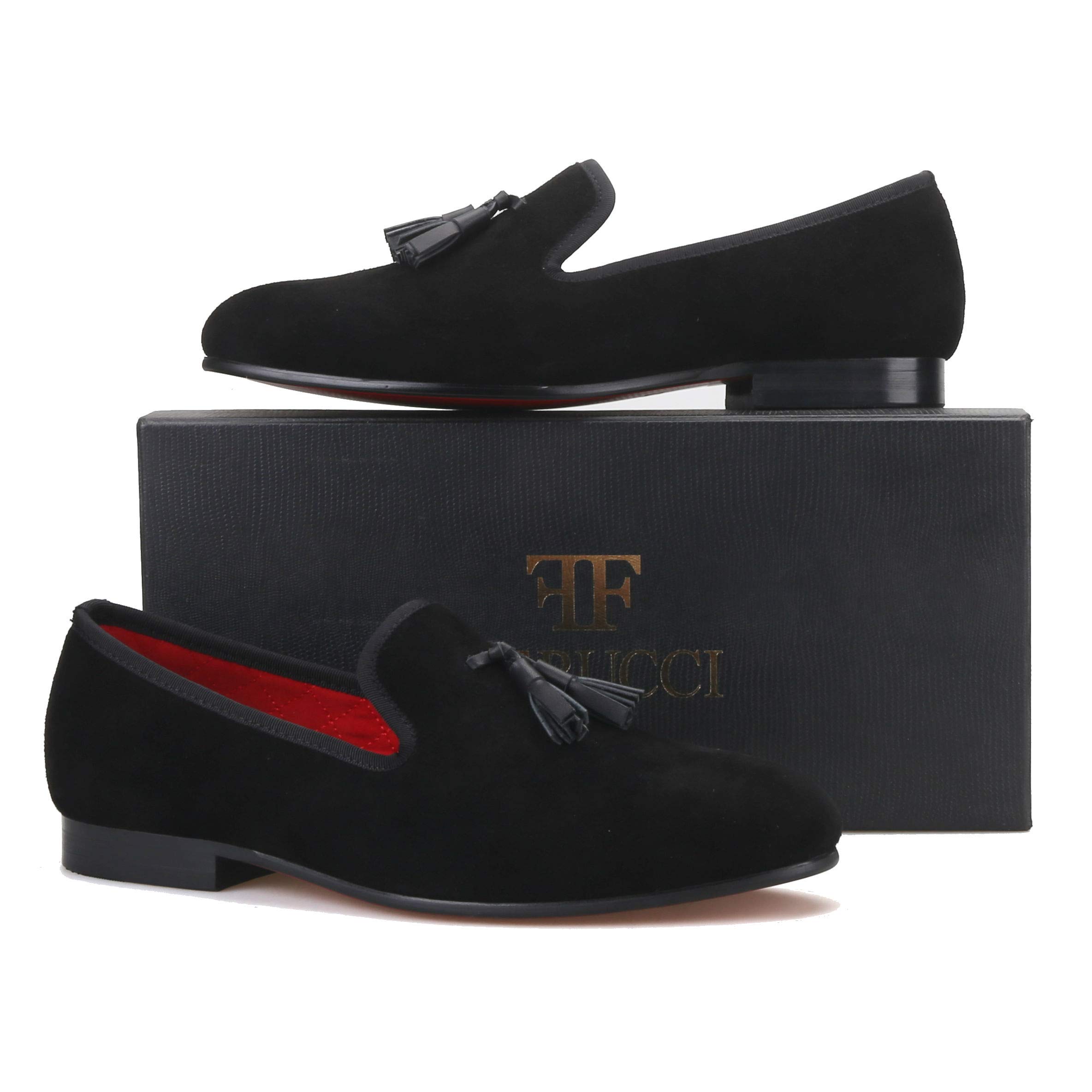 FERUCCI Men's Black Suede Loafers with Leather Tassels - Comfortable Slip-On Shoes for Indoor/Outdoor Wear, Casual Home & Office Use