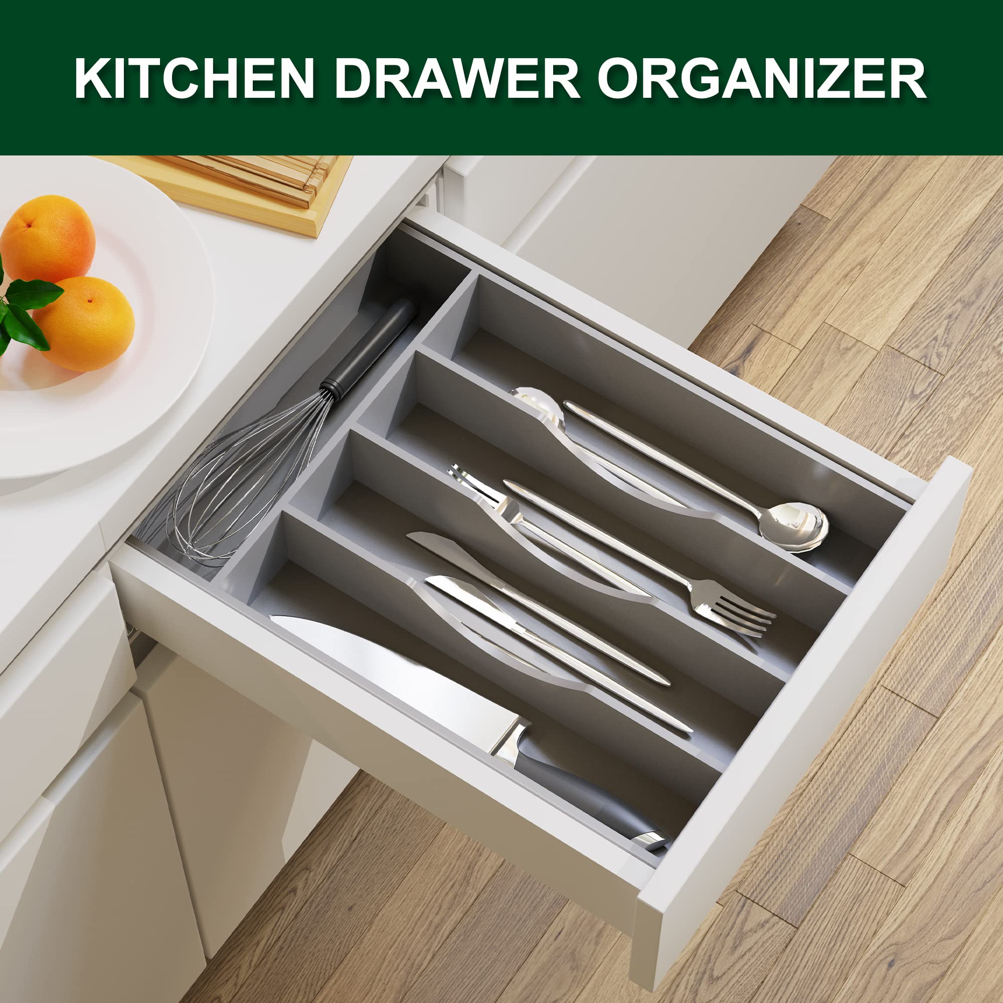 Bellsal Grey 10-Inch Bamboo Utensil Organizer - 5-Compartment Silverware Tray for Kitchen Drawer, Cutlery Holder & Utensil Storage | Perfect for Small Narrow Drawers, Home Organization & Kitchen Decluttering