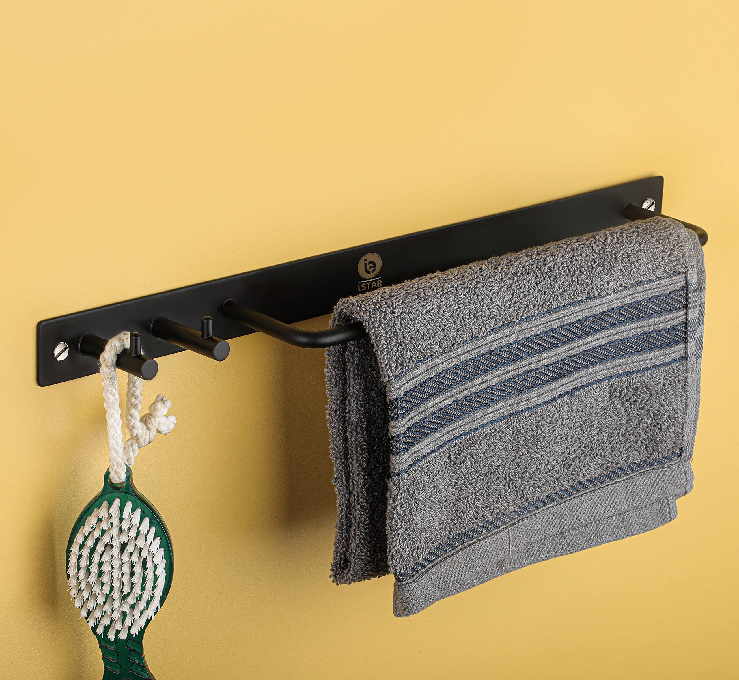 Stainless Steel Towel Stand with Hooks - Antique Black Bathroom Towel Rod for Hanging Robes, Clothes & Towels | Wall Mounted Round Shape Hook for Bedroom, Bathroom & Door Organization