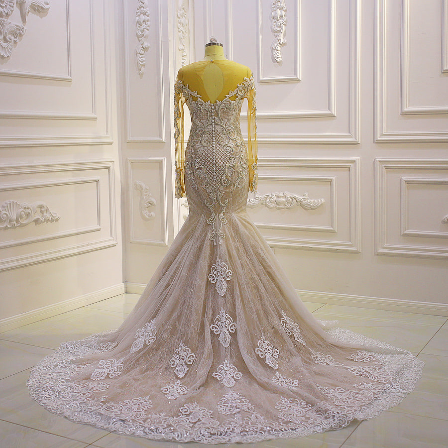Elegant Long Sleeve Mermaid Wedding Dress with Handcrafted Crystal Rhinestones - Perfect for Beach, Church, and Formal Bridal Ceremonies