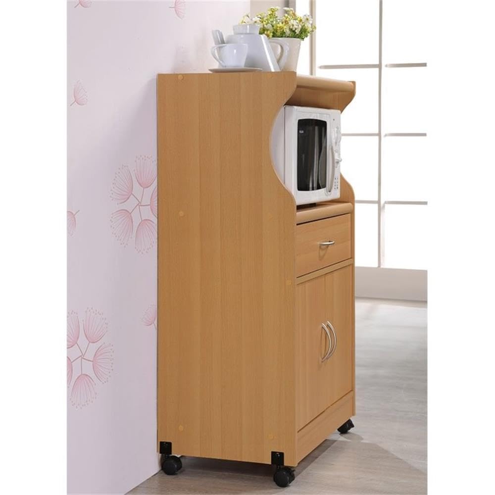 HODEDAH Beech Microwave Cart with Storage Drawer, 2 Doors & Shelf - Compact Kitchen Organizer for Small Spaces, Apartments & Dorm Rooms
