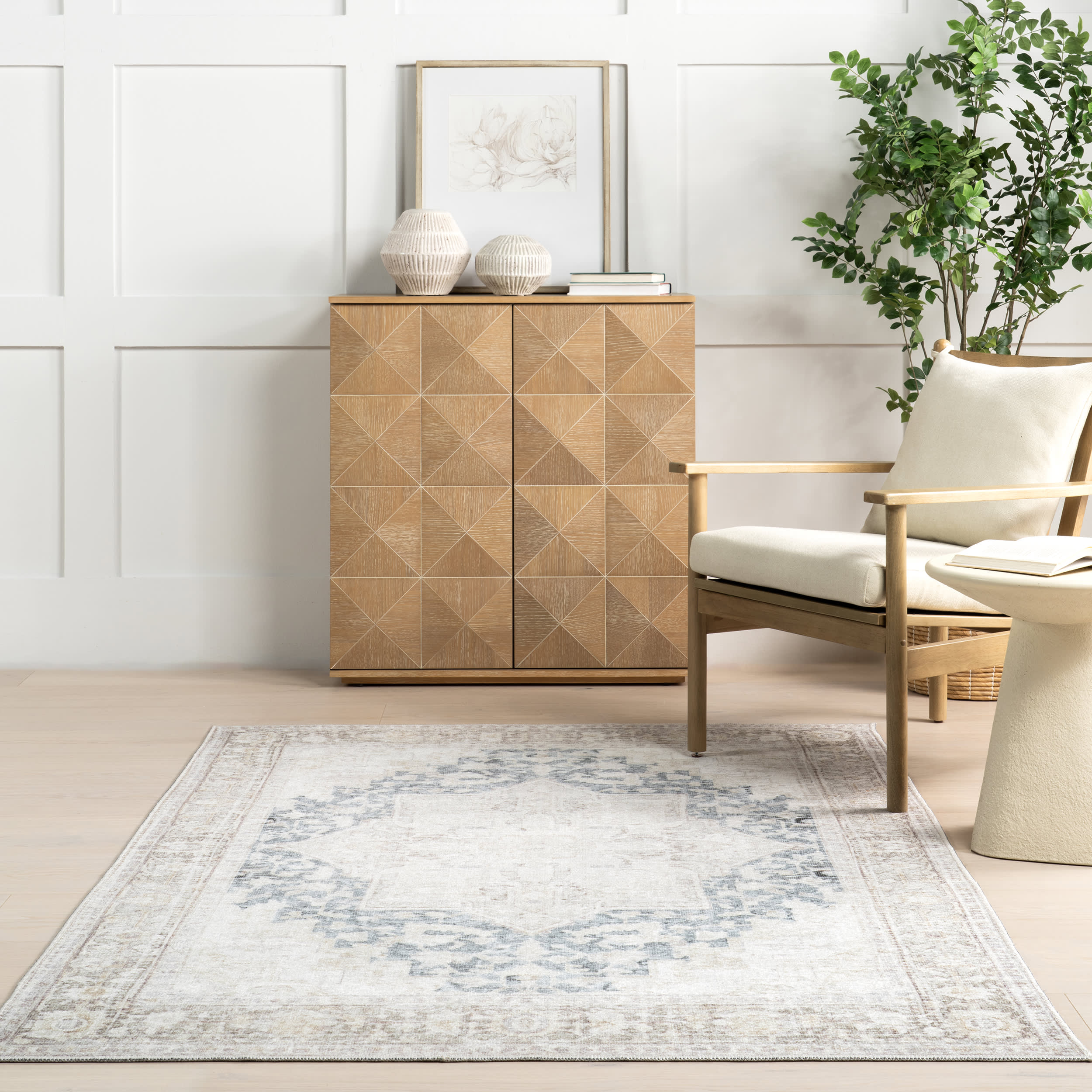 Bethany Medallion Washable Rug - Soft & Durable Beige Area Rug for Living Room, Bedroom, or Nursery | Easy to Clean & Stain Resistant