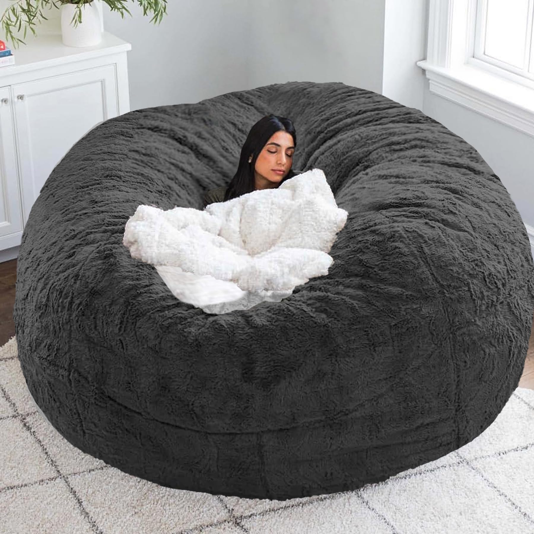 7FT Big Beanbag Chair for Adults & Kids - No Filling Comfy Cover, Dark Grey - Perfect for Bedroom, Living Room, Game Room & Dorm Lounge (Lazy Sofa Floor Chair)