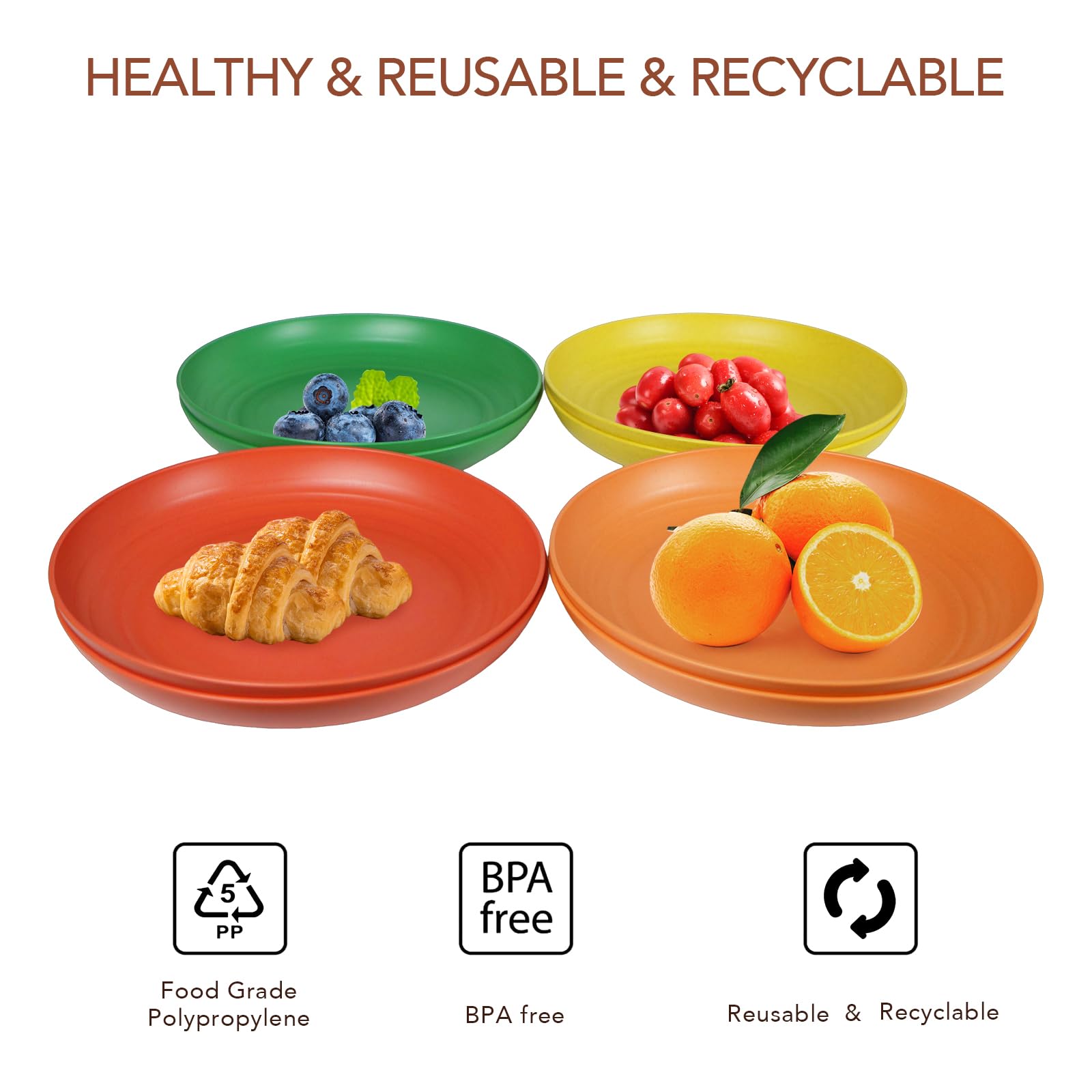 Eco-Friendly 9 Inch 8-Piece Wheat Straw Dinner Plates Set - BPA Free, Microwave & Dishwasher Safe, Unbreakable & Lightweight - Perfect for Kids, Adults, Picnics, Camping & Everyday Use