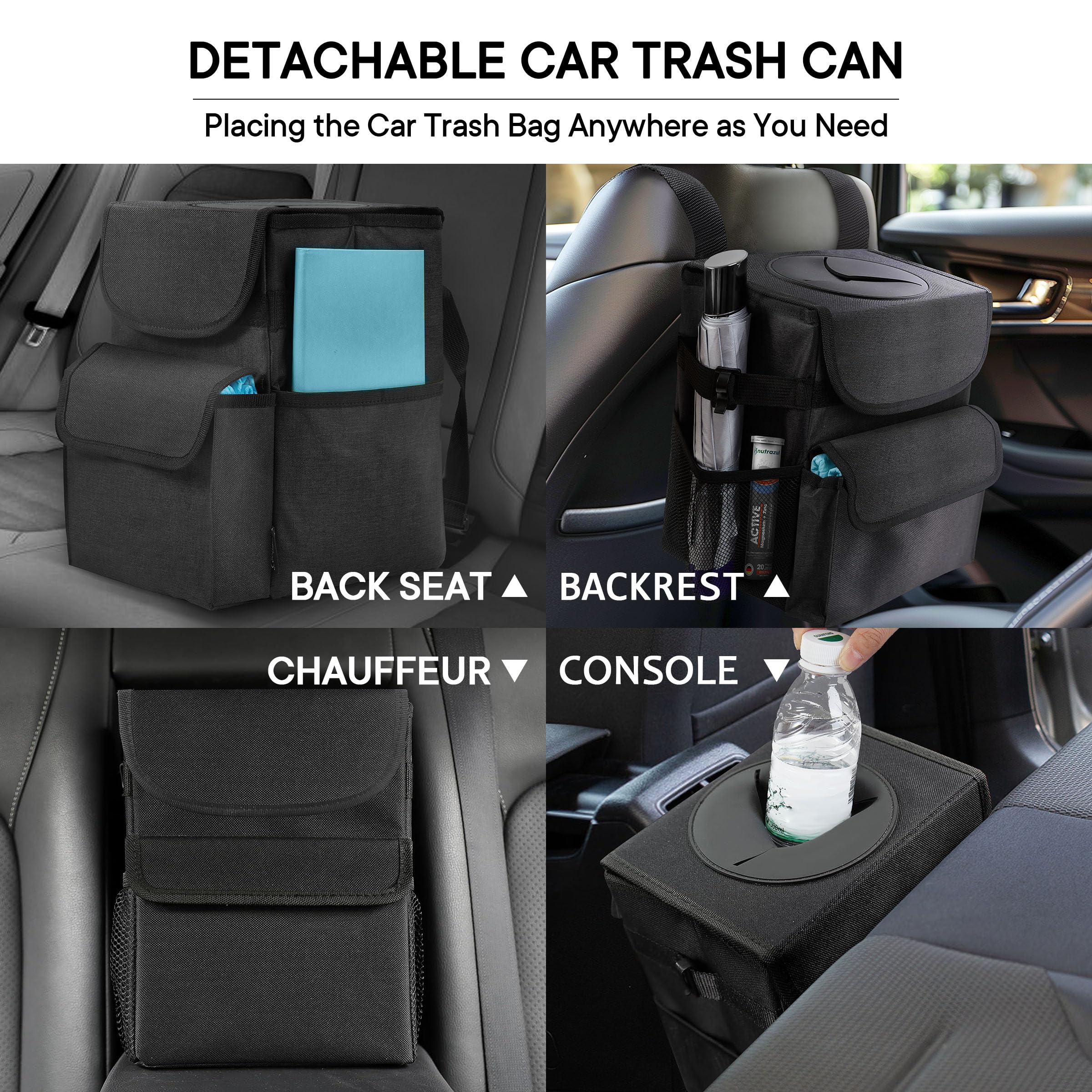 Leak-Proof Car Trash Can with Lid & Storage Pockets - Waterproof Vehicle Garbage Bin Organizer for Road Trips, Commuting & Family Travel Accessories