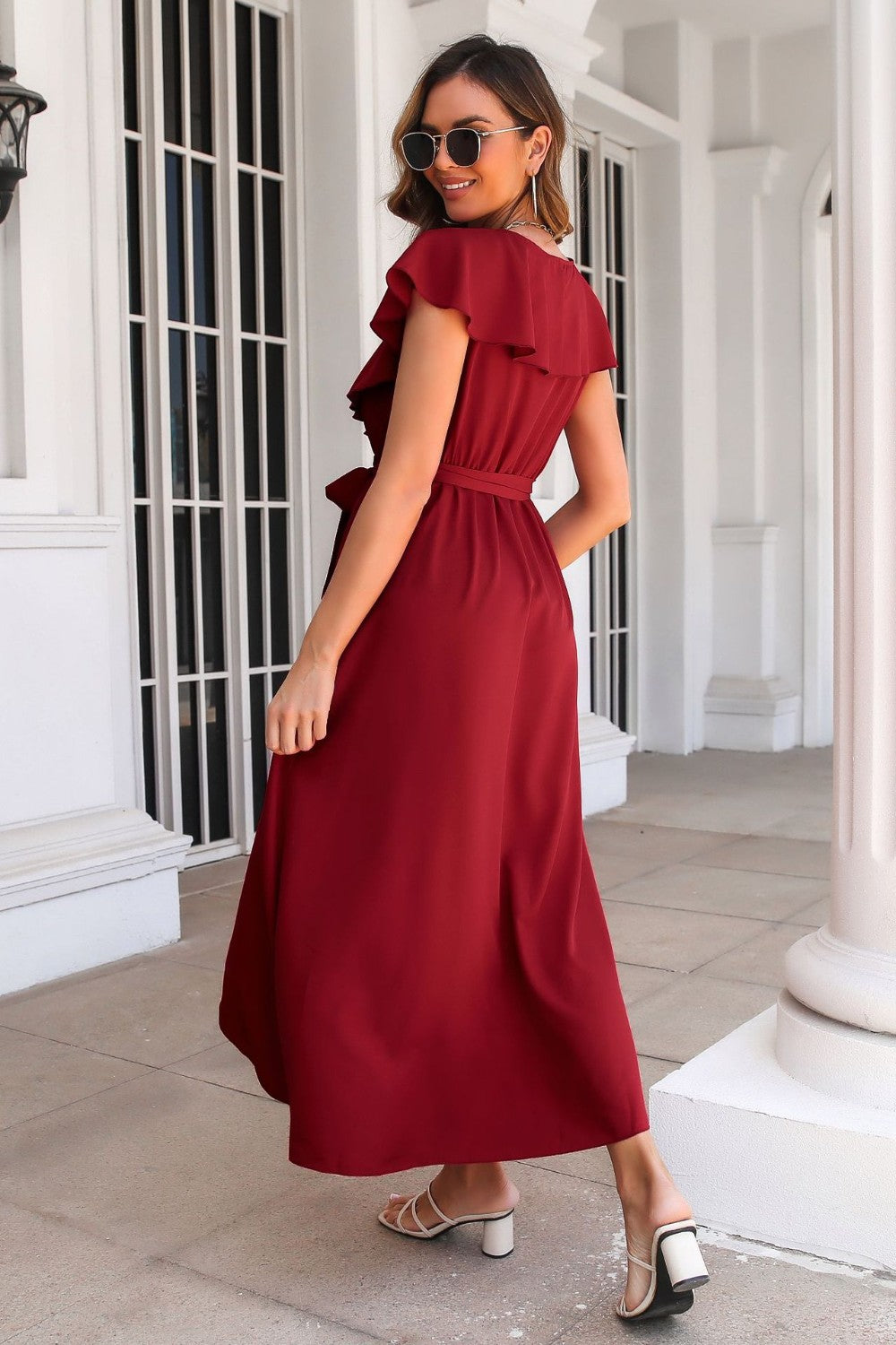Elegant Ruffled Surplice Tie Waist Slit Midi Dress for Women - Summer Flowy Party & Wedding Guest Dress