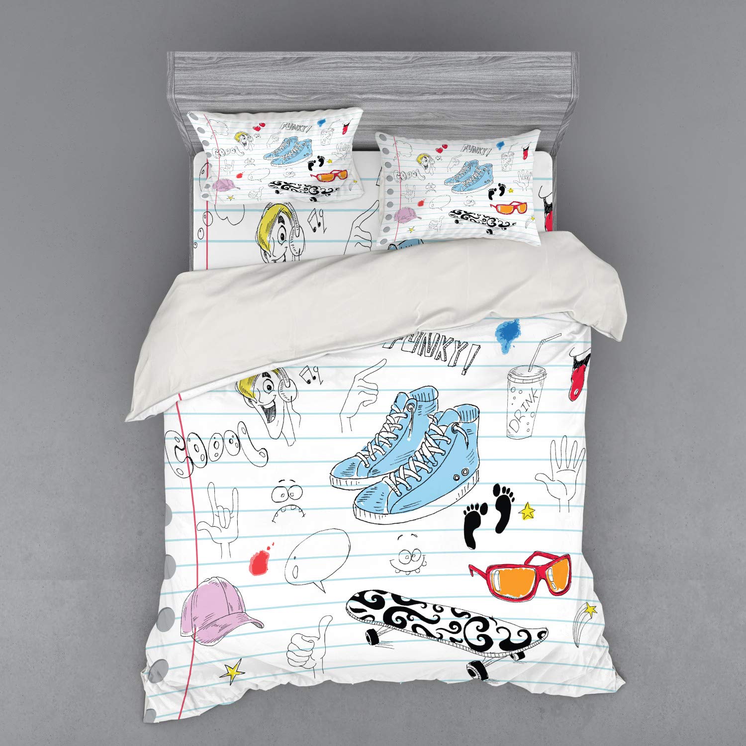 Ambesonne Hipster Duvet Cover Set - Funky Notebook Design with Skateboard & Shooting Star Patterns | 4-Piece Queen Size Bedding Set with Shams & Fitted Sheet in Black, Pale Blue & Ginger | Perfect for Bohemian Bedrooms, College Dorms & Teen Rooms