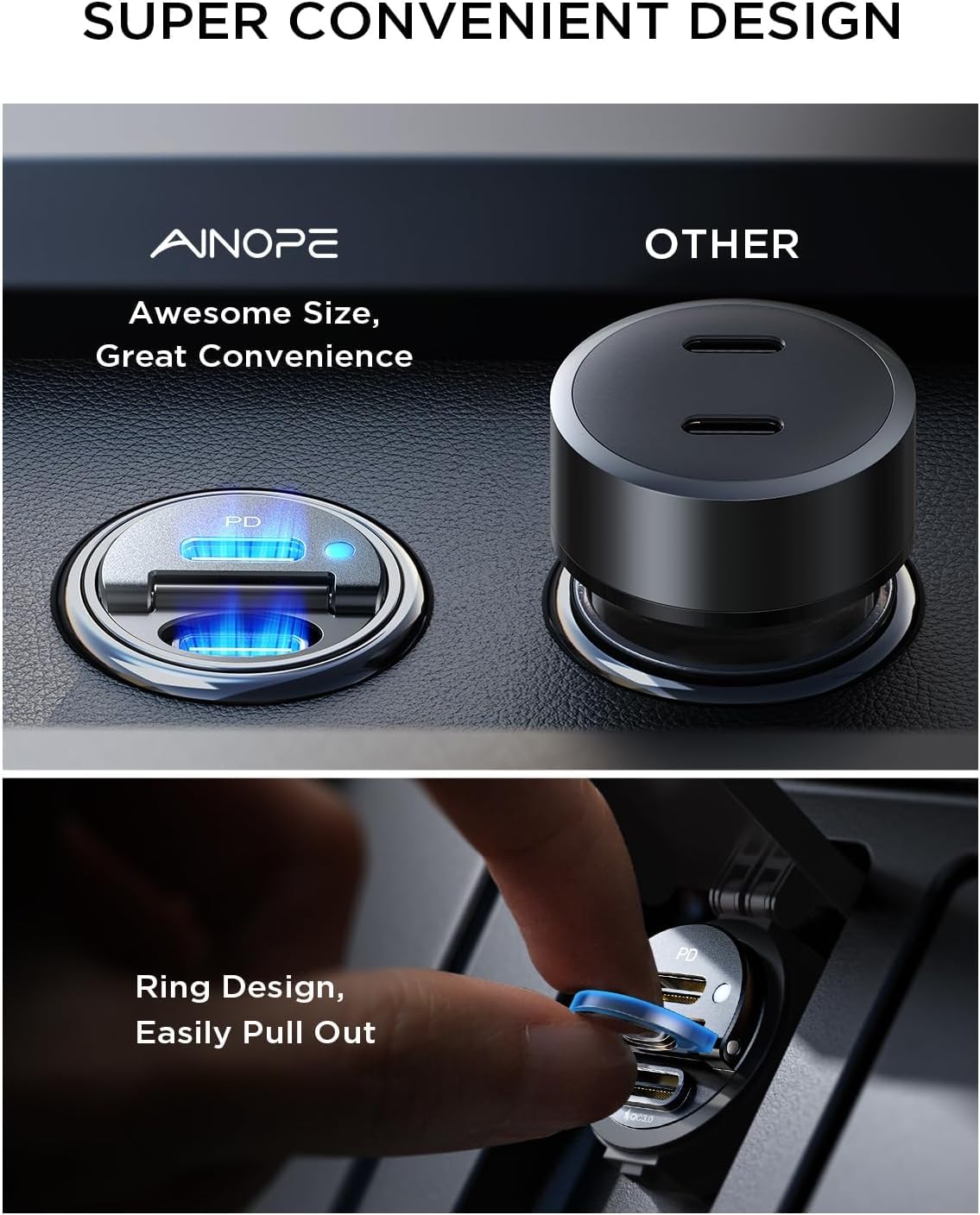 72W AINOPE USB C Car Charger with PD36W & QC36W Fast Charging - All Metal USB C Car Adapter with 3.3ft USB C Cable - Compatible with iPhone 16 Pro Max, Samsung Galaxy, iPad - Perfect for Road Trips & Daily Commute