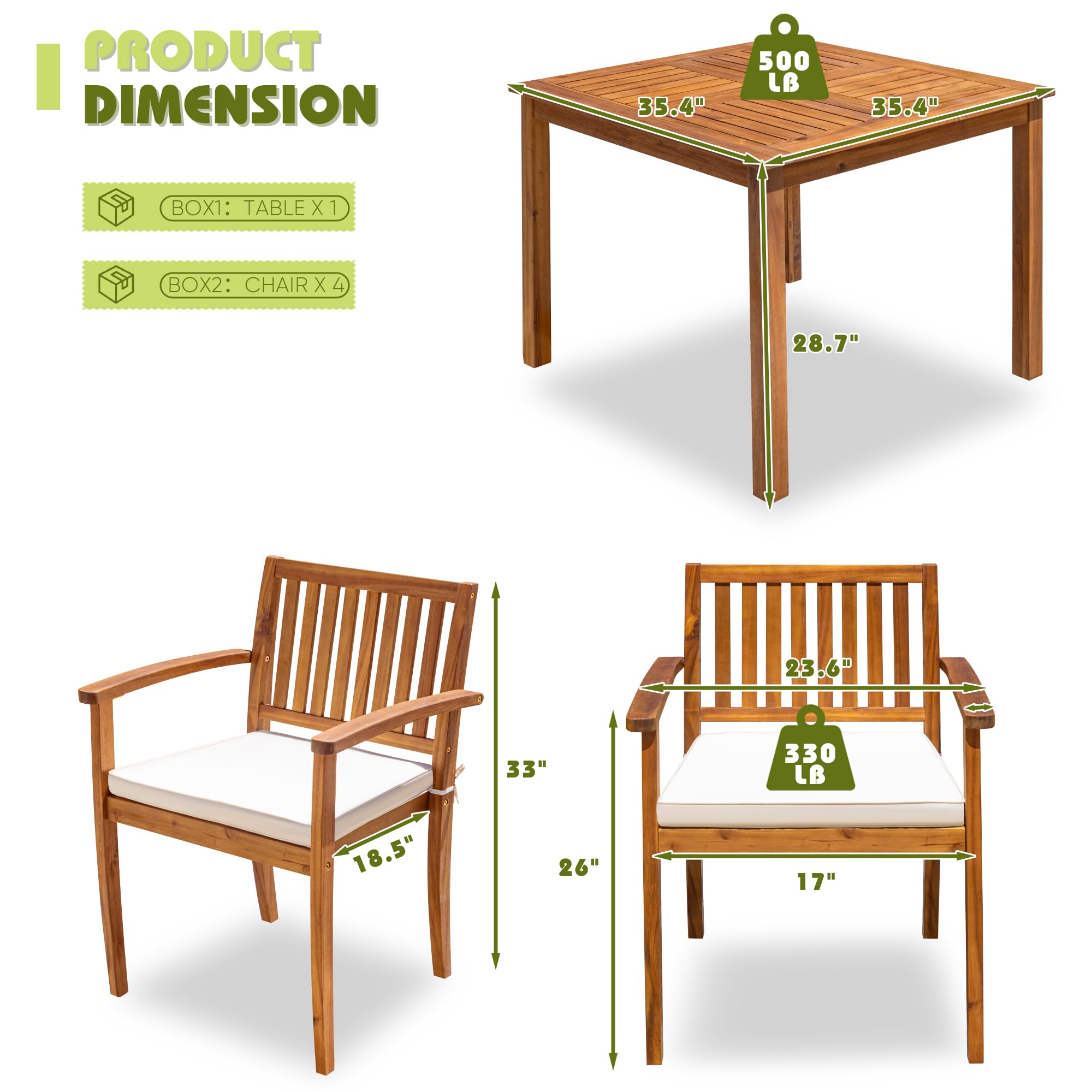 Premium 5-Piece Acacia Wood Outdoor Dining Set with Soft Cushions - Patio Table and Chairs for Deck, Backyard, Garden - Perfect for Al Fresco Dining, BBQs, and Outdoor Entertaining