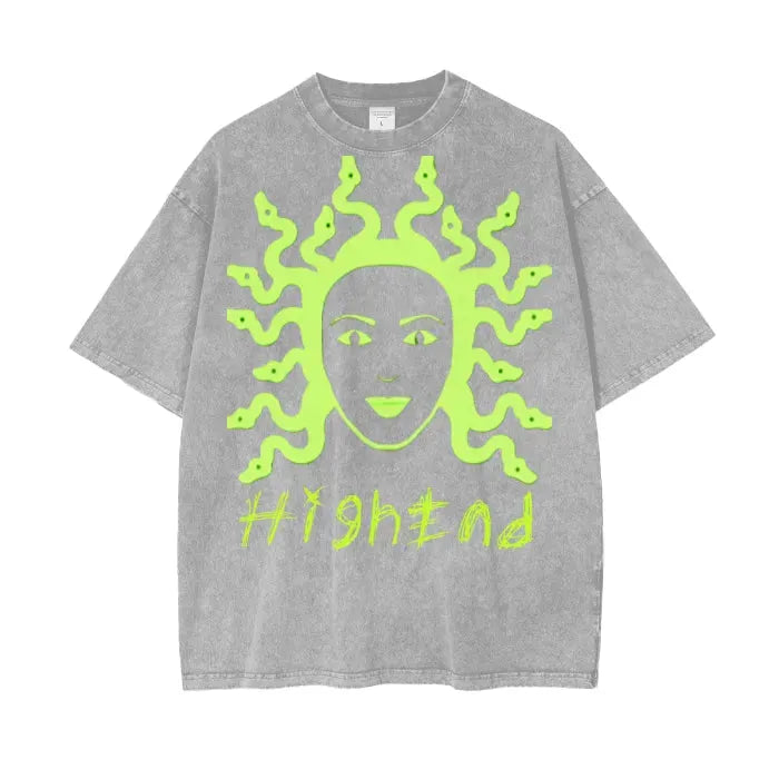 Premium Medusa Graphic Acid Wash Oversized T-Shirt - 250 GSM Heavyweight Cotton - Streetwear, Casual Wear & Festival Outfit