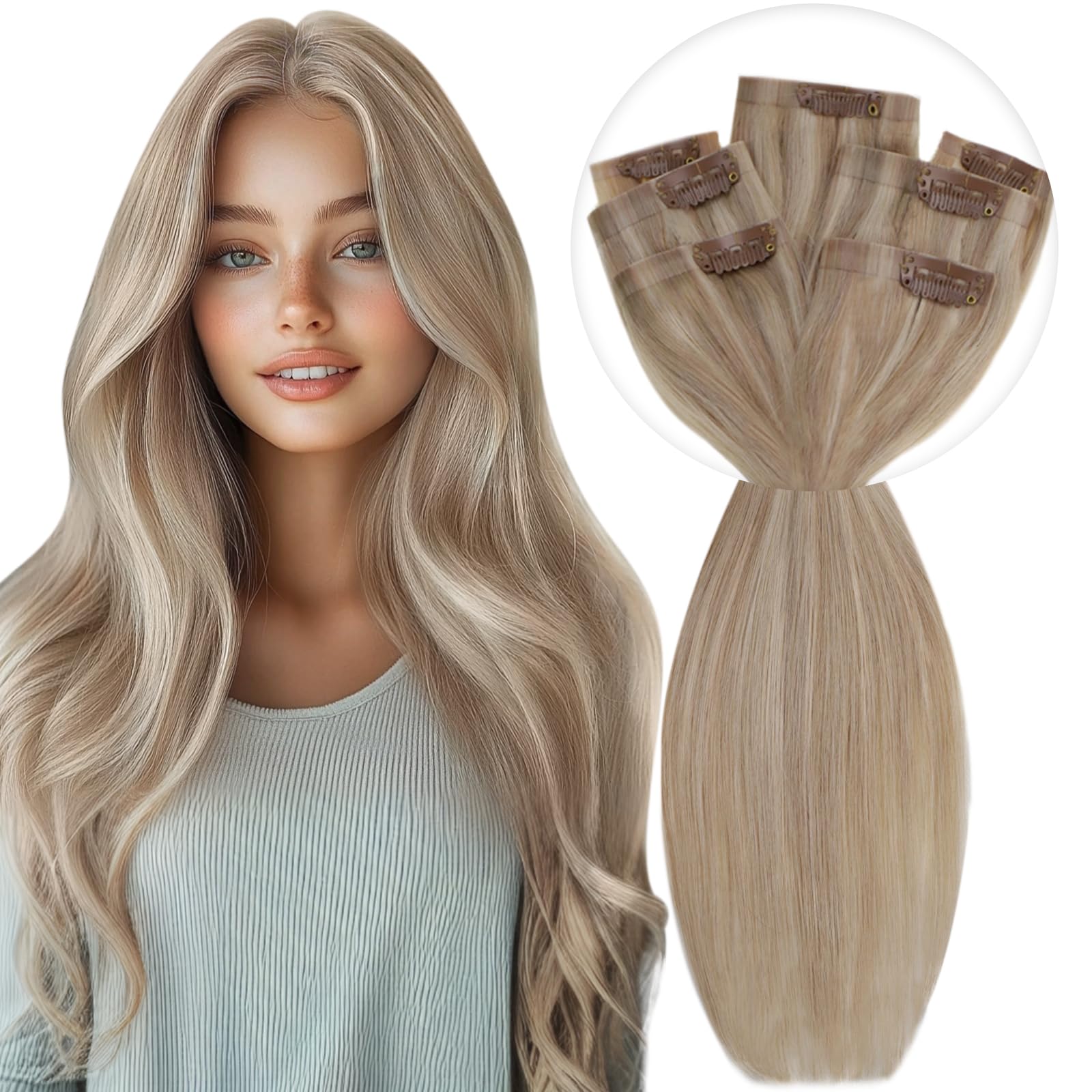 Vivien Clip in Hair Extensions 18 Inch 120g 7pcs - 100% Human Remy Hair, Ash Blonde & Bleach Blonde Highlights, Seamless PU Clips for Natural Look | Perfect for Parties, Weddings & Daily Styling