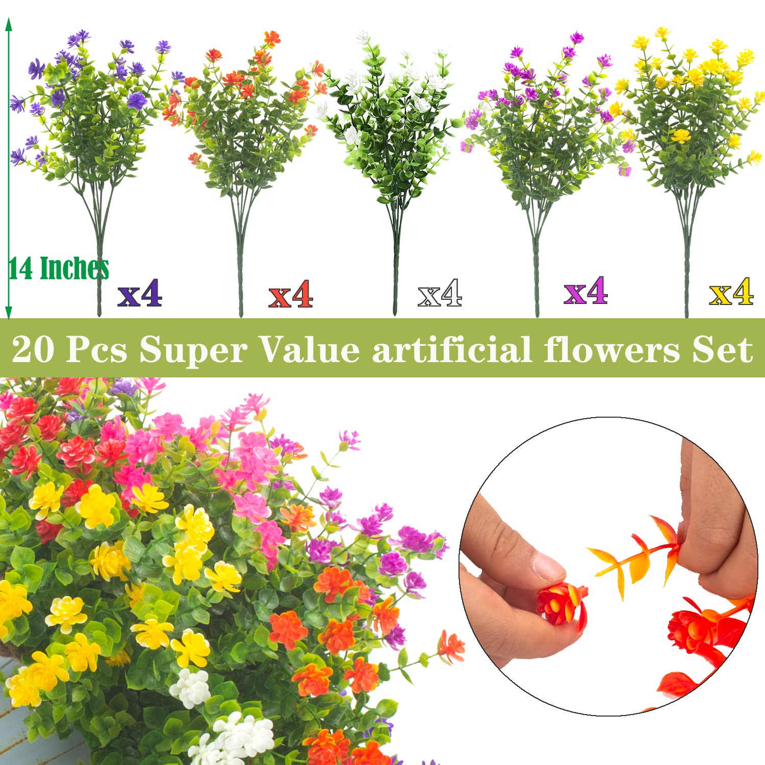20 Pack UV Resistant Artificial Boxwood Plants - Fake Outdoor Greenery for Hanging Baskets, Window Boxes, Porch & Garden Decor - Durable Plastic Faux Flowers for All-Weather Home & Commercial Landscaping