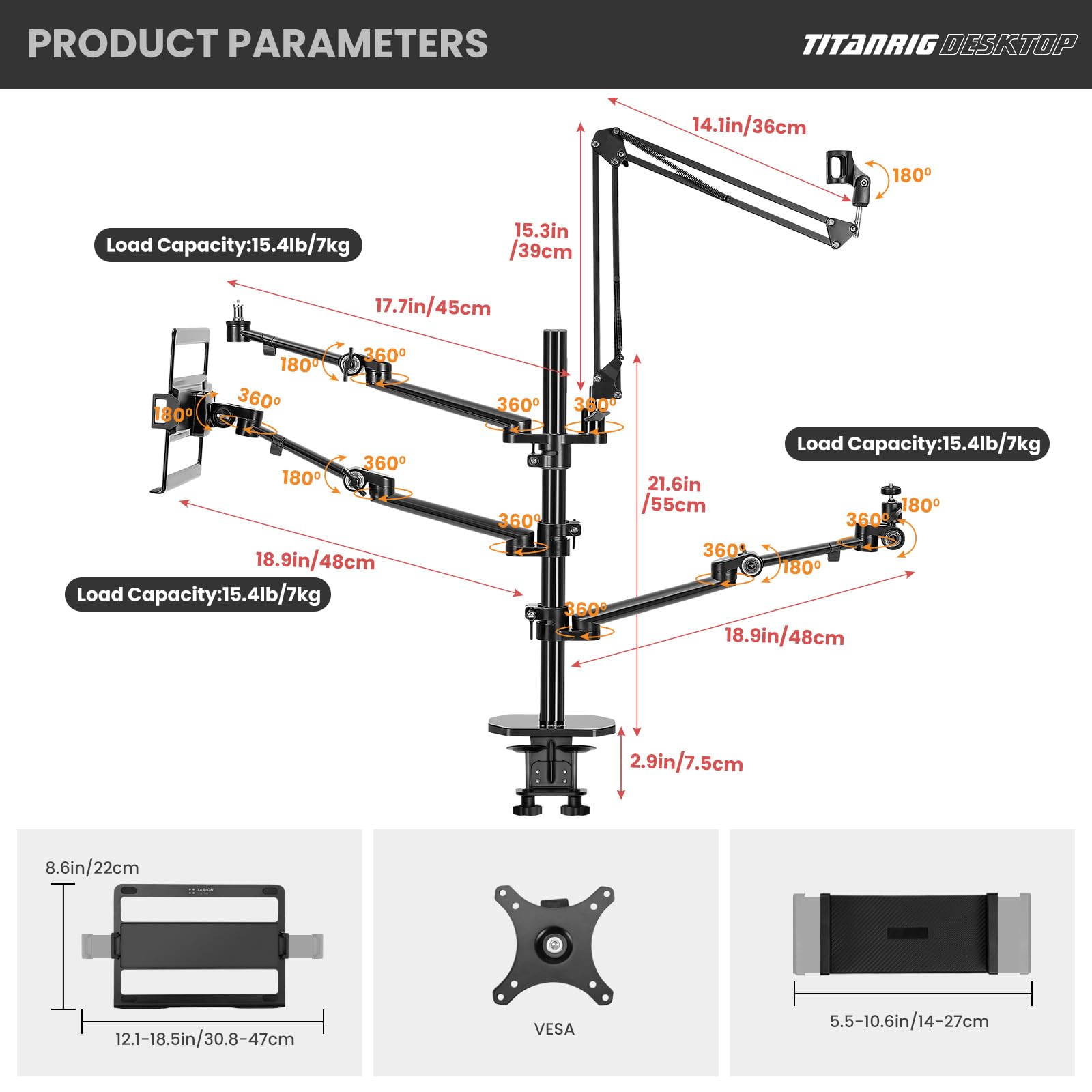 TARION 4-in-1 Adjustable Overhead Camera Arm Mount for Streaming - Desk Stand with Mic Boom & 3 Articulating Arms for DSLR Camera, Ring Light, Monitor & Laptop - Perfect for Live Streaming, YouTube Videos & Home Office Setup