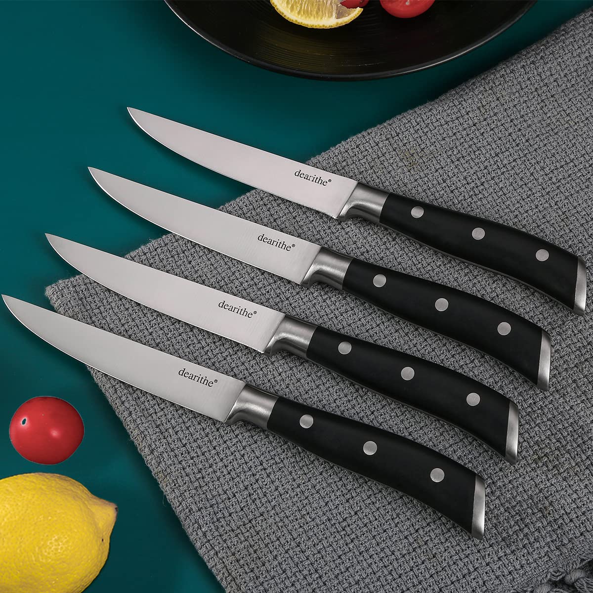 Premium 4-Piece Steak Knife Set - Black Full-Tang Triple Rivet Non-Serrated Stainless Steel Sharp Blades (5 Inches) - Ideal for Restaurants, Kitchen, Camping & Dinner Parties - Dishwasher Safe